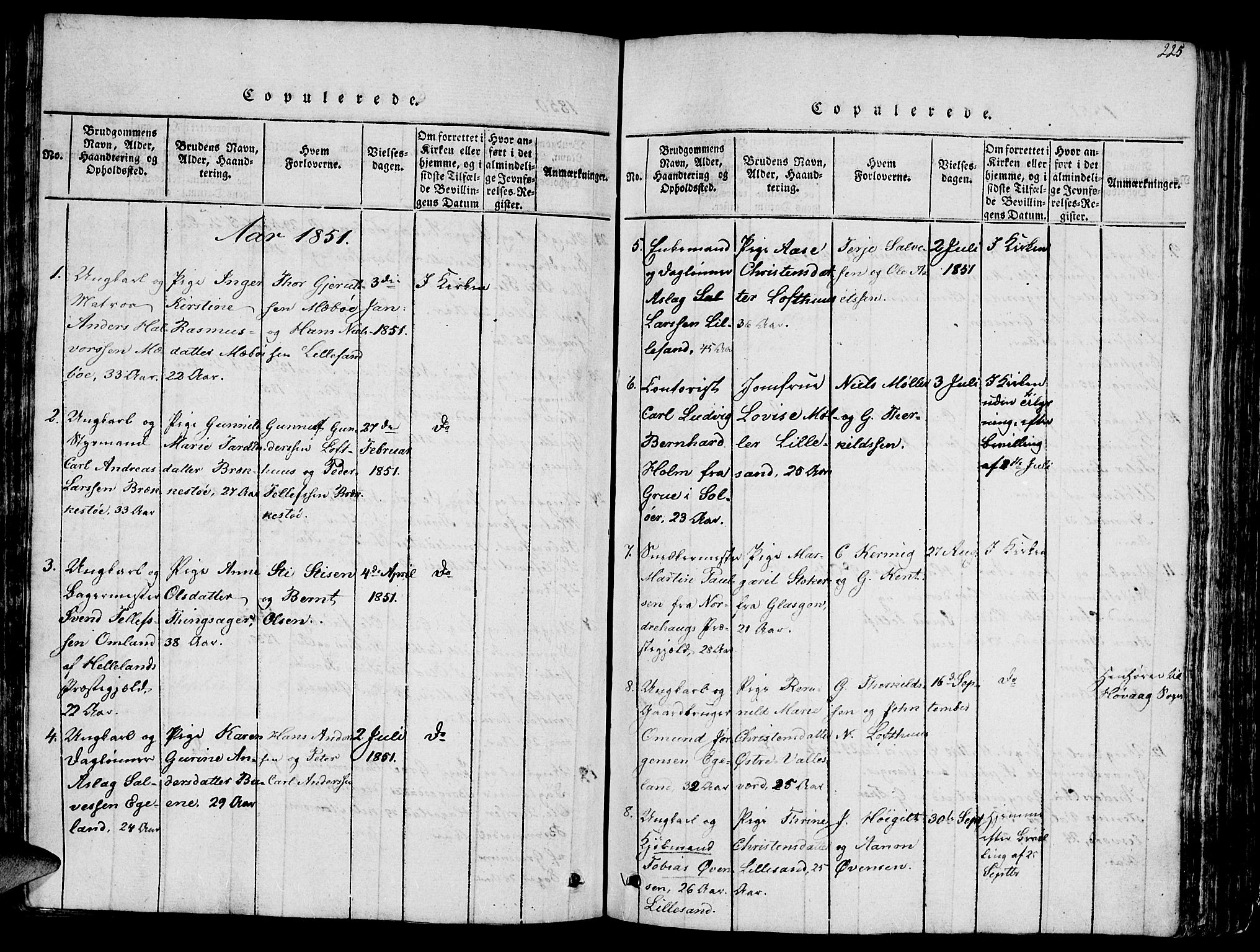 Vestre Moland sokneprestkontor, SAK/1111-0046/F/Fb/Fbb/L0001: Parish register (copy) no. B 1, 1816-1851, p. 225
