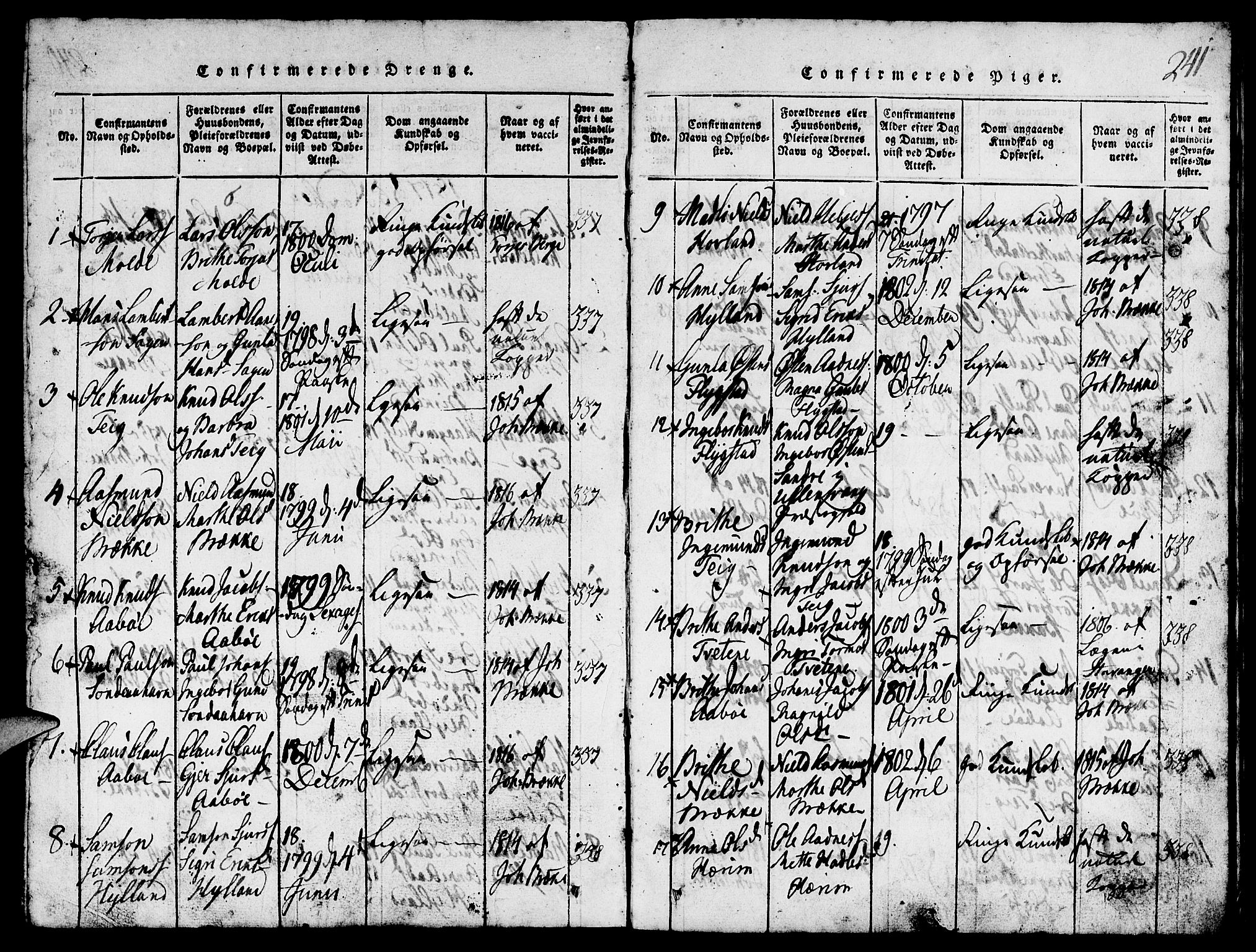 Suldal sokneprestkontor, SAST/A-101845/01/V/L0002: Parish register (copy) no. B 2, 1816-1845, p. 241