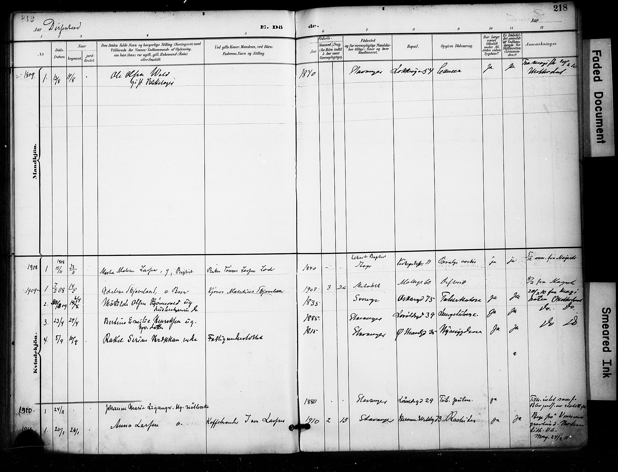 Domkirken sokneprestkontor, AV/SAST-A-101812/001/30/30BA/L0032: Parish register (official) no. A 31, 1896-1917, p. 218