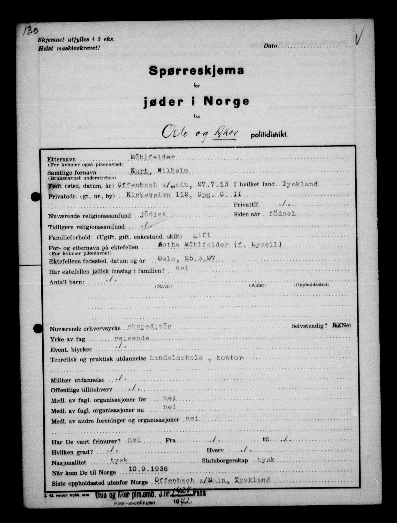 Statspolitiet - Hovedkontoret / Osloavdelingen, AV/RA-S-1329/G/Ga/L0012: Spørreskjema for jøder i Norge. 1: Aker 114- 207 (Levinson-Wozak) og 656 (Salomon). 2: Arendal-Hordaland. 3: Horten-Romerike.  , 1942, p. 51