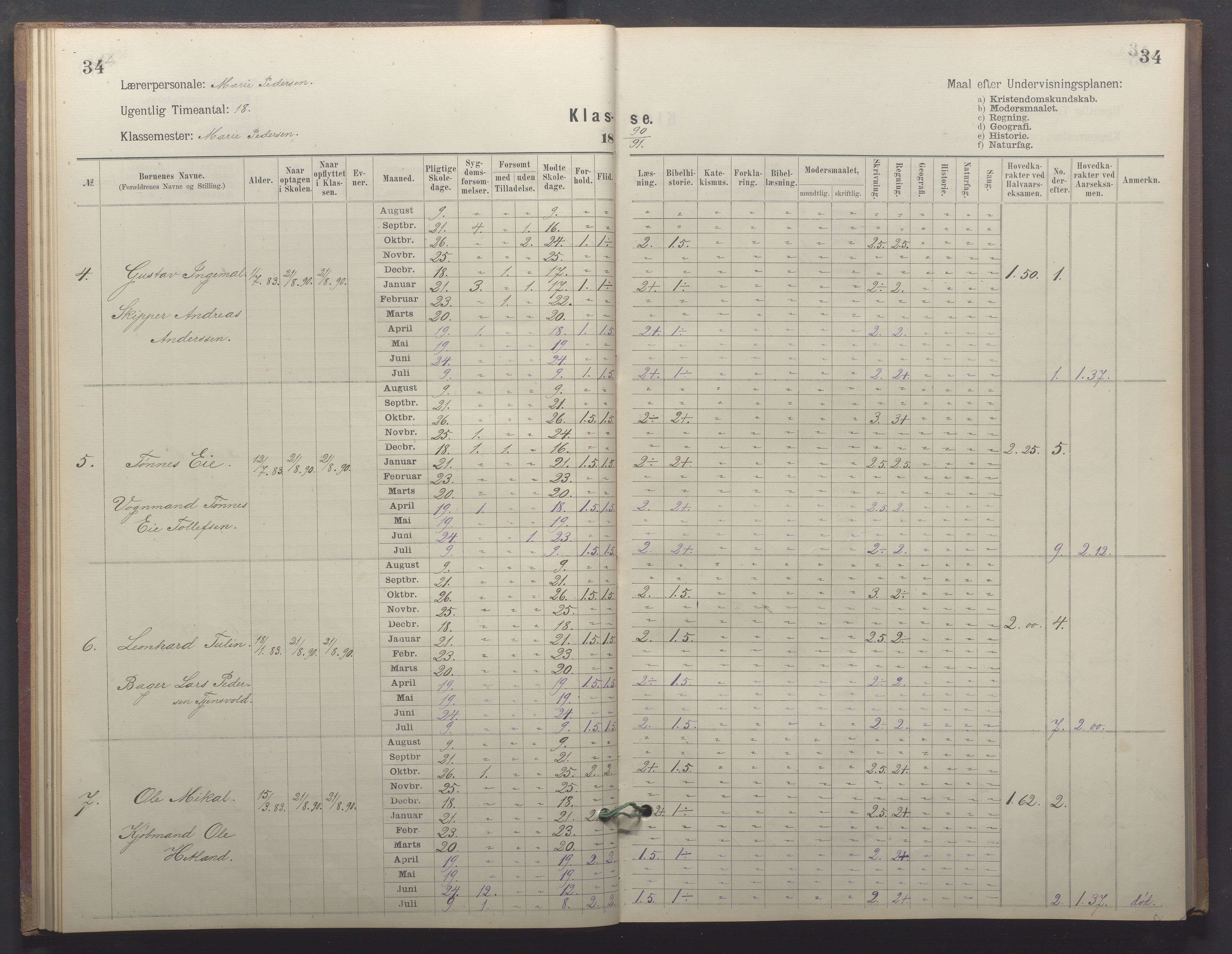 Egersund kommune (Ladested) - Egersund almueskole/folkeskole, IKAR/K-100521/H/L0026: Skoleprotokoll - Almueskolen, 1. klasse, 1889-1893, p. 34