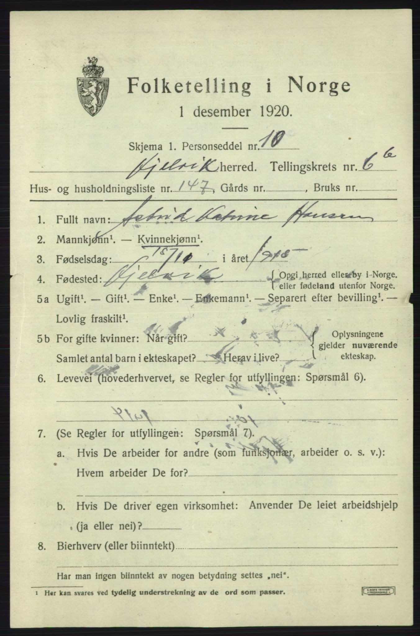 SATØ, 1920 census for Kjelvik, 1920, p. 5409