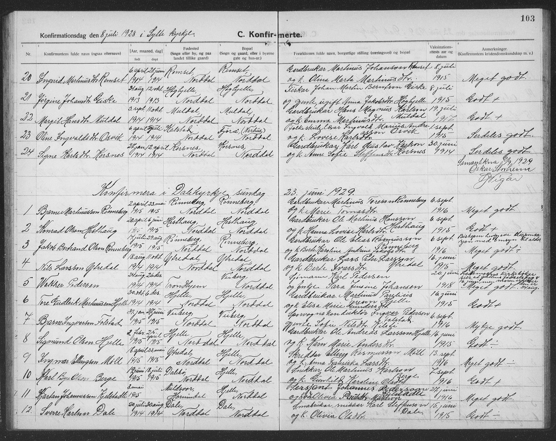 Ministerialprotokoller, klokkerbøker og fødselsregistre - Møre og Romsdal, SAT/A-1454/519/L0266: Parish register (copy) no. 519C07, 1921-1939, p. 103