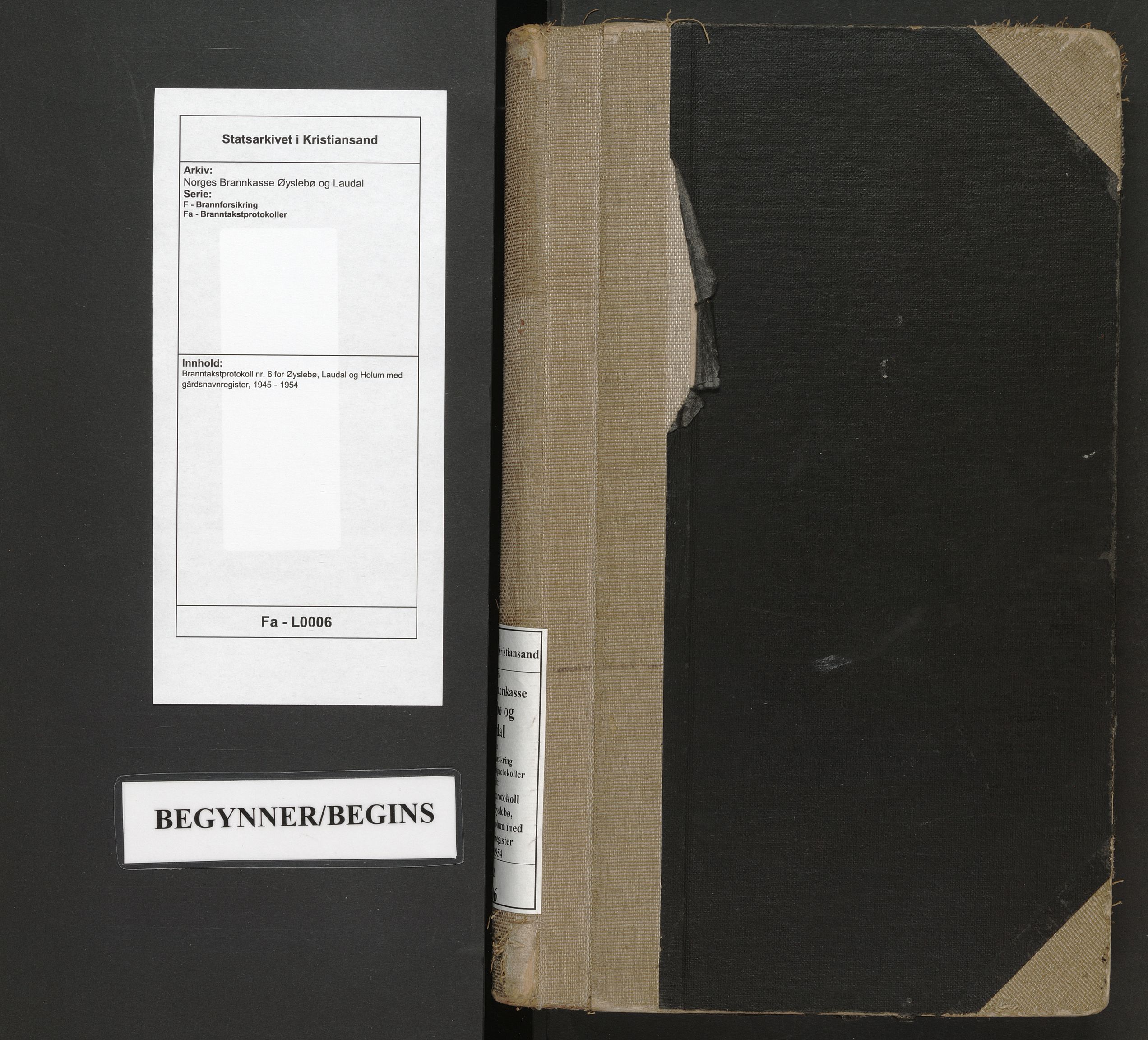 Norges Brannkasse Øyslebø og Laudal, AV/SAK-2241-0060/F/Fa/L0006: Branntakstprotokoll nr. 6 for Øyslebø, Laudal og Holum med gårdsnavnregister, 1945-1954