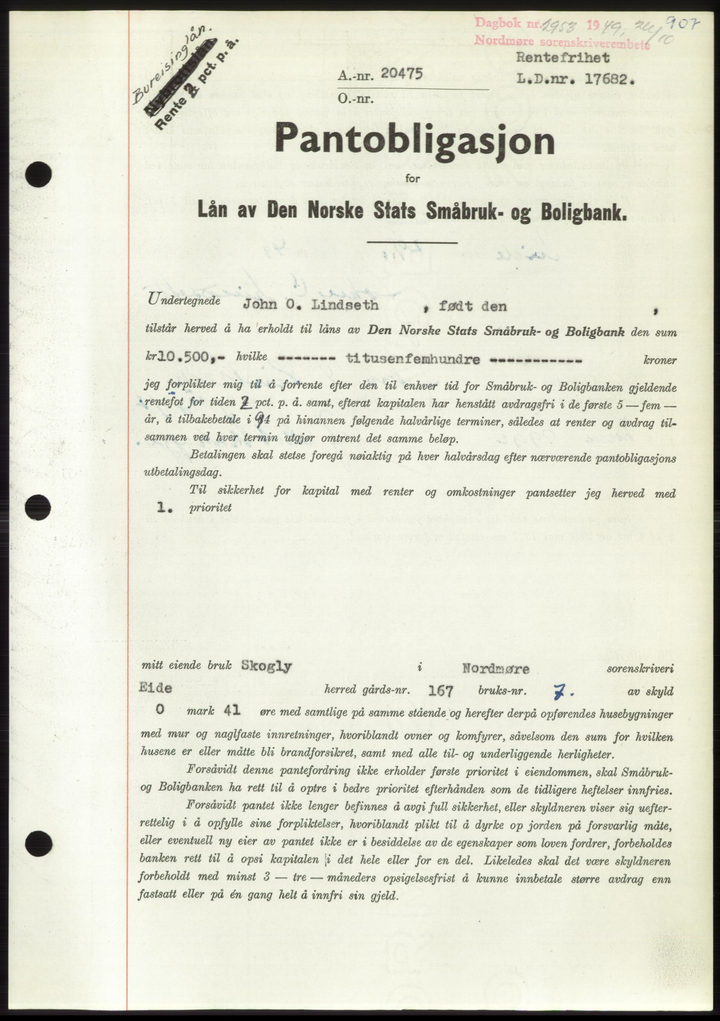 Nordmøre sorenskriveri, AV/SAT-A-4132/1/2/2Ca: Mortgage book no. B102, 1949-1949, Diary no: : 2953/1949