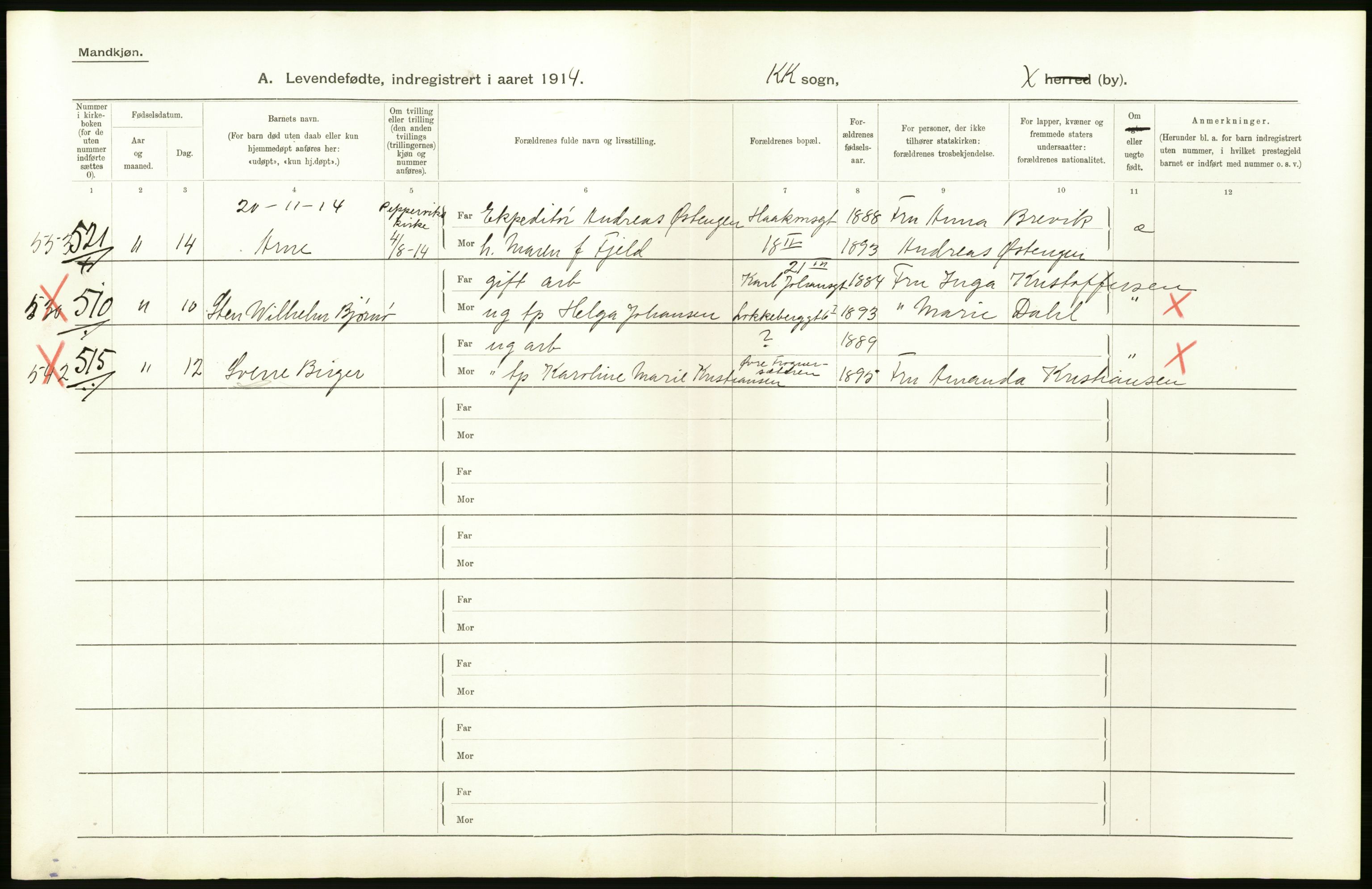 Statistisk sentralbyrå, Sosiodemografiske emner, Befolkning, AV/RA-S-2228/D/Df/Dfb/Dfbd/L0005: Kristiania: Levendefødte menn og kvinner., 1914, p. 54