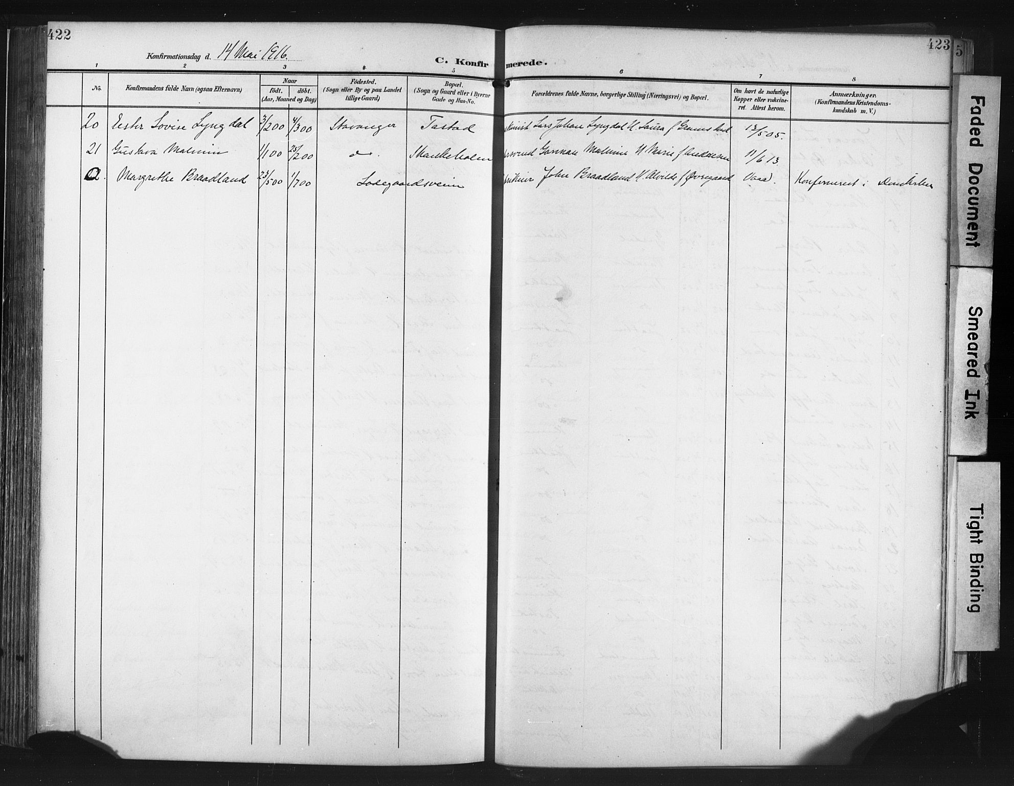 Hetland sokneprestkontor, SAST/A-101826/30/30BA/L0013: Parish register (official) no. A 13, 1904-1918, p. 422-423