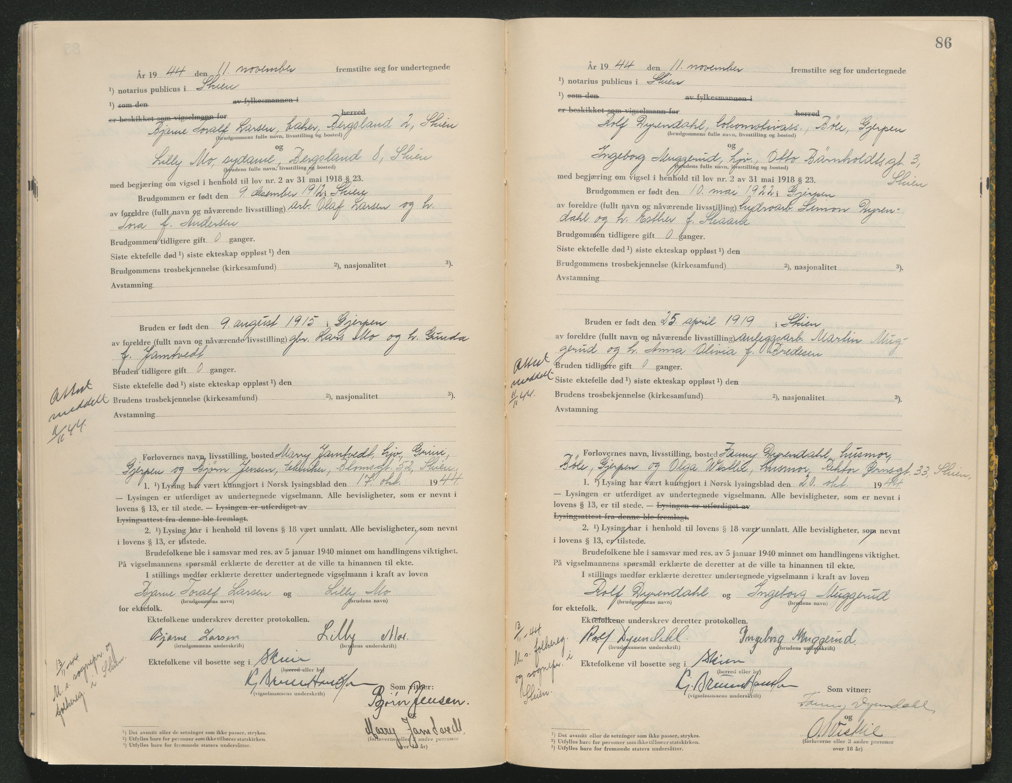 Skien sorenskriveri, AV/SAKO-A-225/L/La/L0001: Vigselsprotokoll, 1920-1947, p. 86
