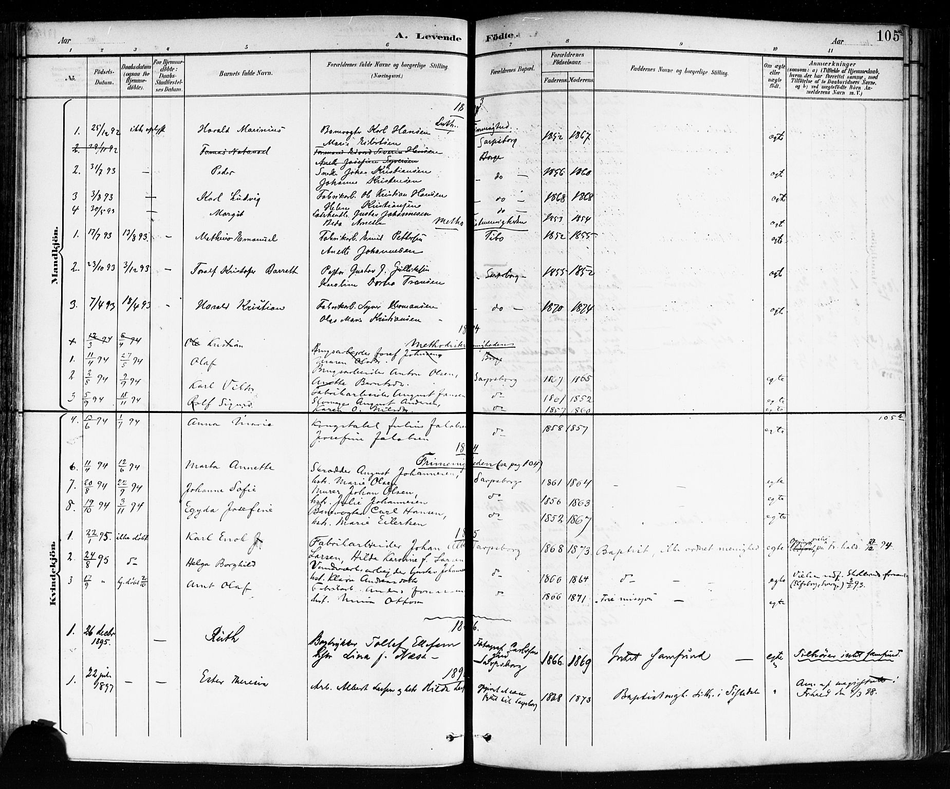 Sarpsborg prestekontor Kirkebøker, SAO/A-2006/F/Fa/L0004: Parish register (official) no. 4, 1892-1899, p. 105