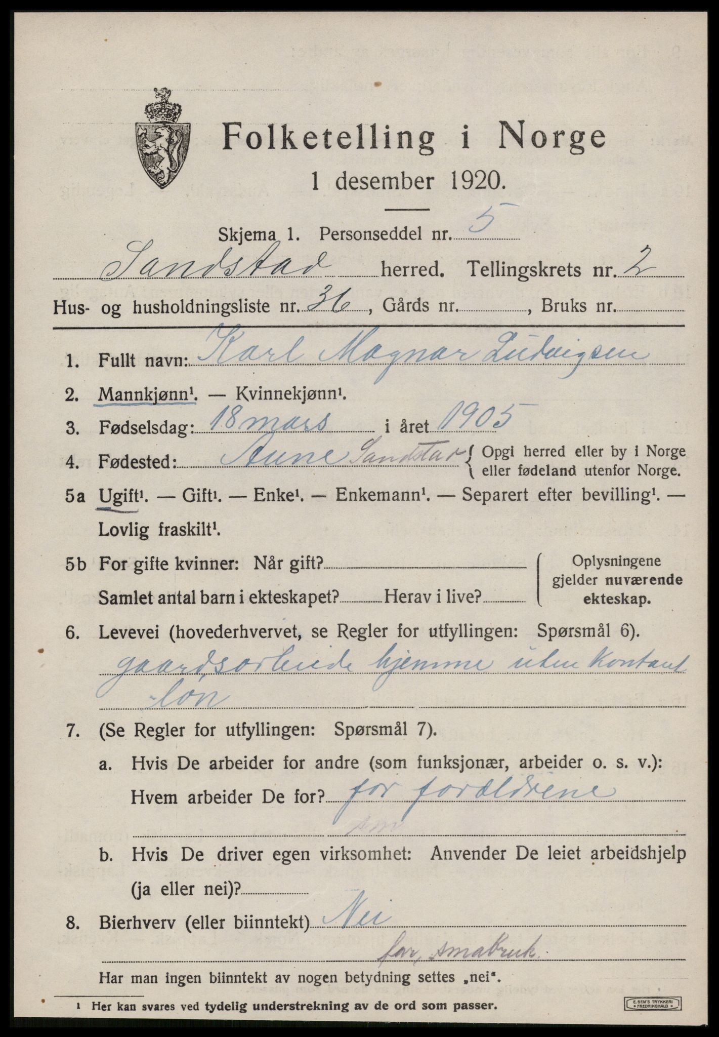 SAT, 1920 census for Sandstad, 1920, p. 1087