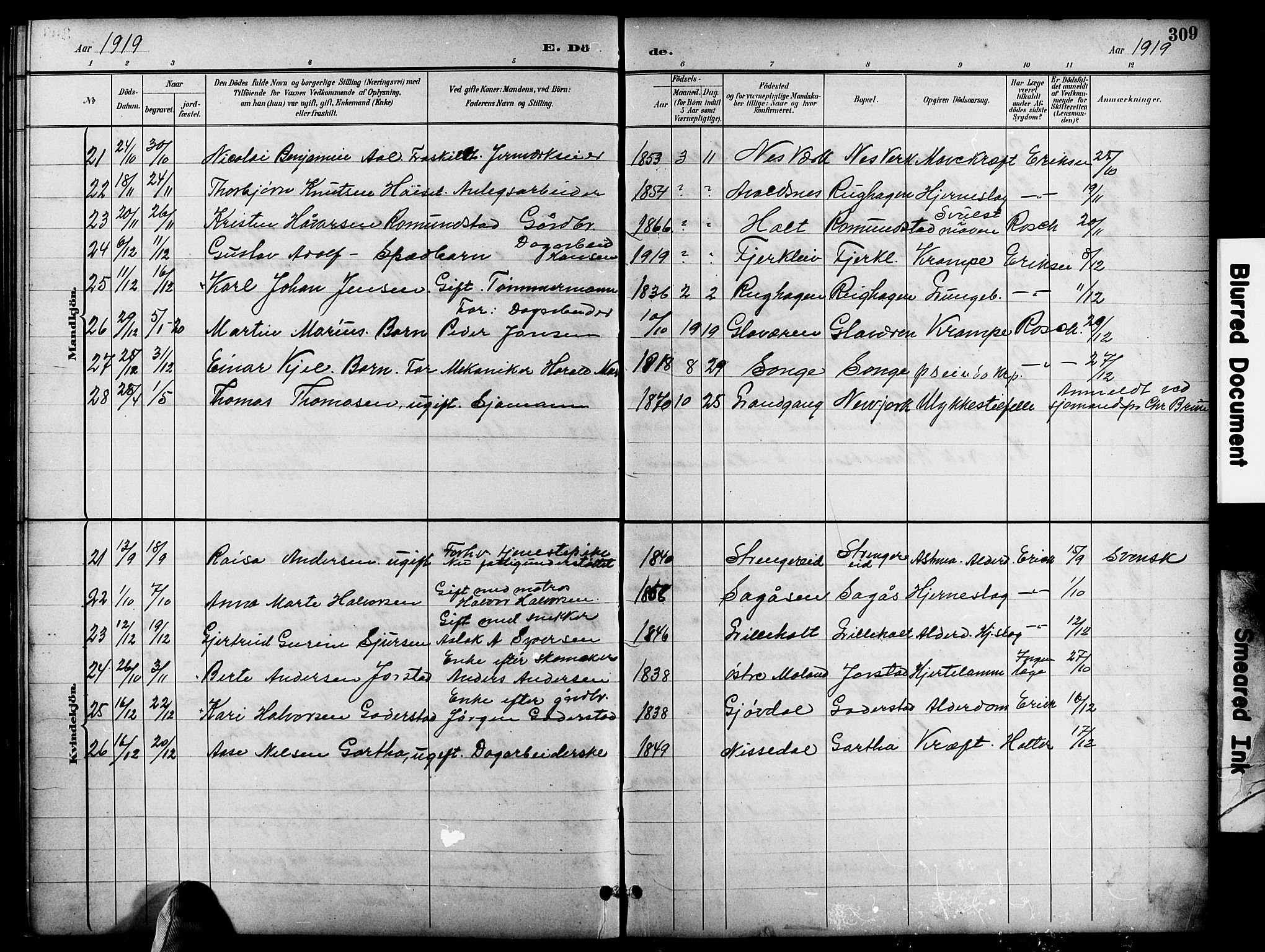 Holt sokneprestkontor, SAK/1111-0021/F/Fb/L0011: Parish register (copy) no. B 11, 1897-1921, p. 309
