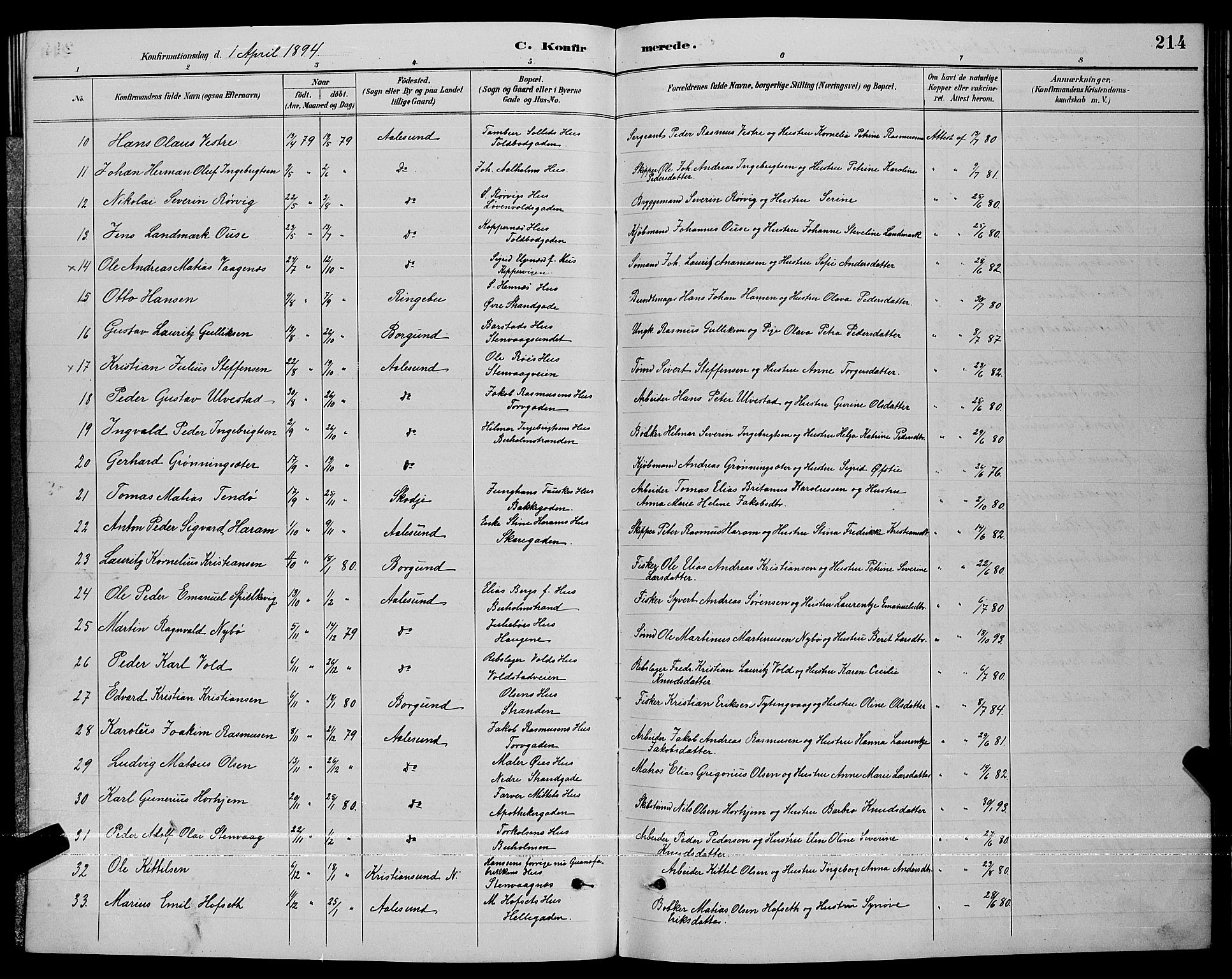 Ministerialprotokoller, klokkerbøker og fødselsregistre - Møre og Romsdal, AV/SAT-A-1454/529/L0467: Parish register (copy) no. 529C04, 1889-1897, p. 214