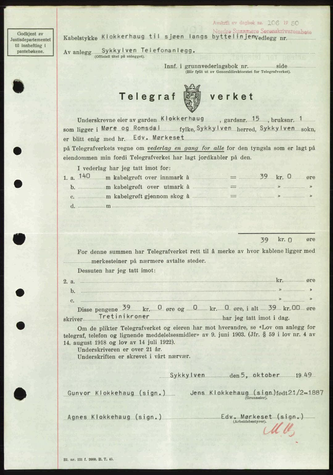 Nordre Sunnmøre sorenskriveri, AV/SAT-A-0006/1/2/2C/2Ca: Mortgage book no. A33, 1949-1950, Diary no: : 106/1950