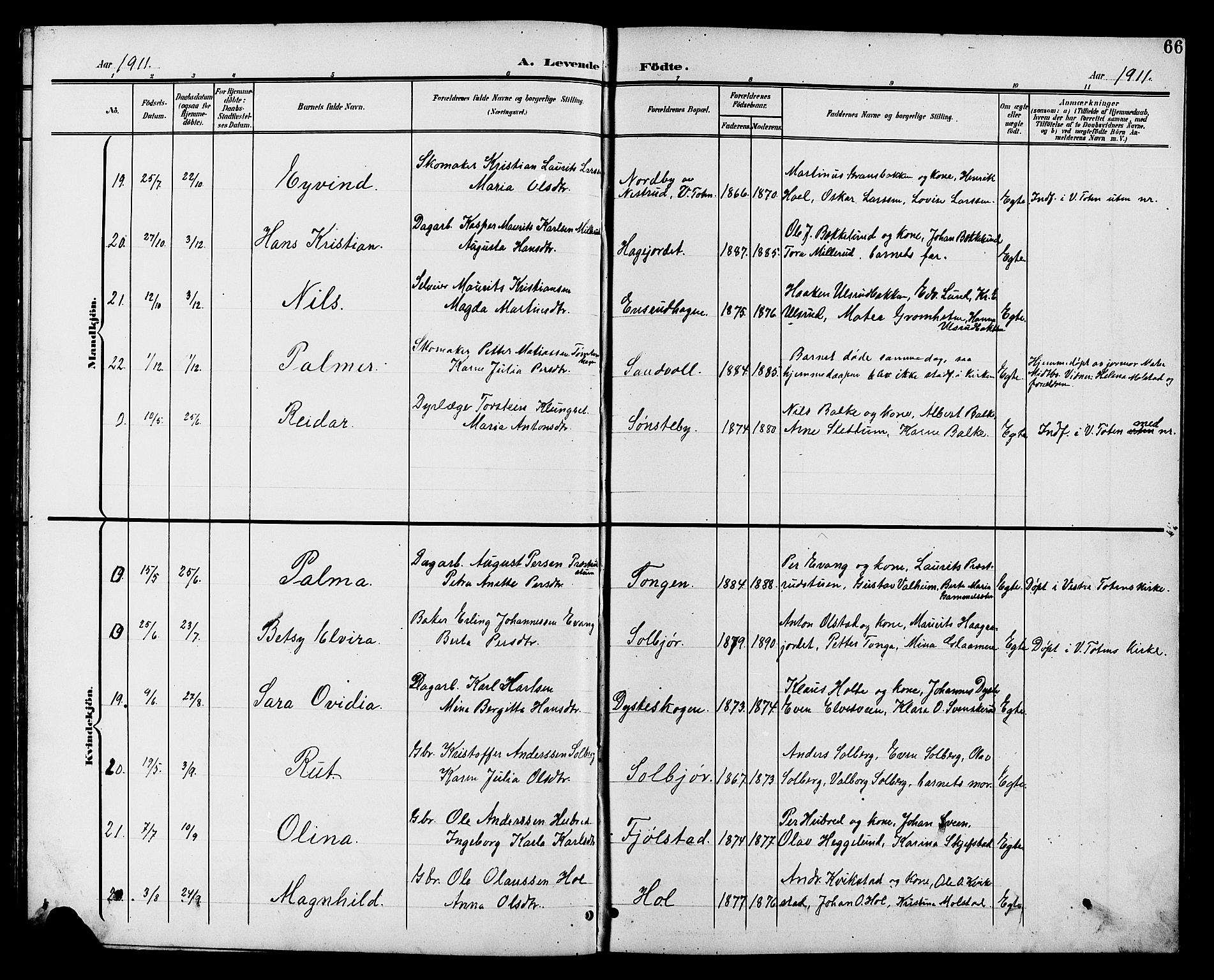 Vestre Toten prestekontor, AV/SAH-PREST-108/H/Ha/Hab/L0011: Parish register (copy) no. 11, 1901-1911, p. 66