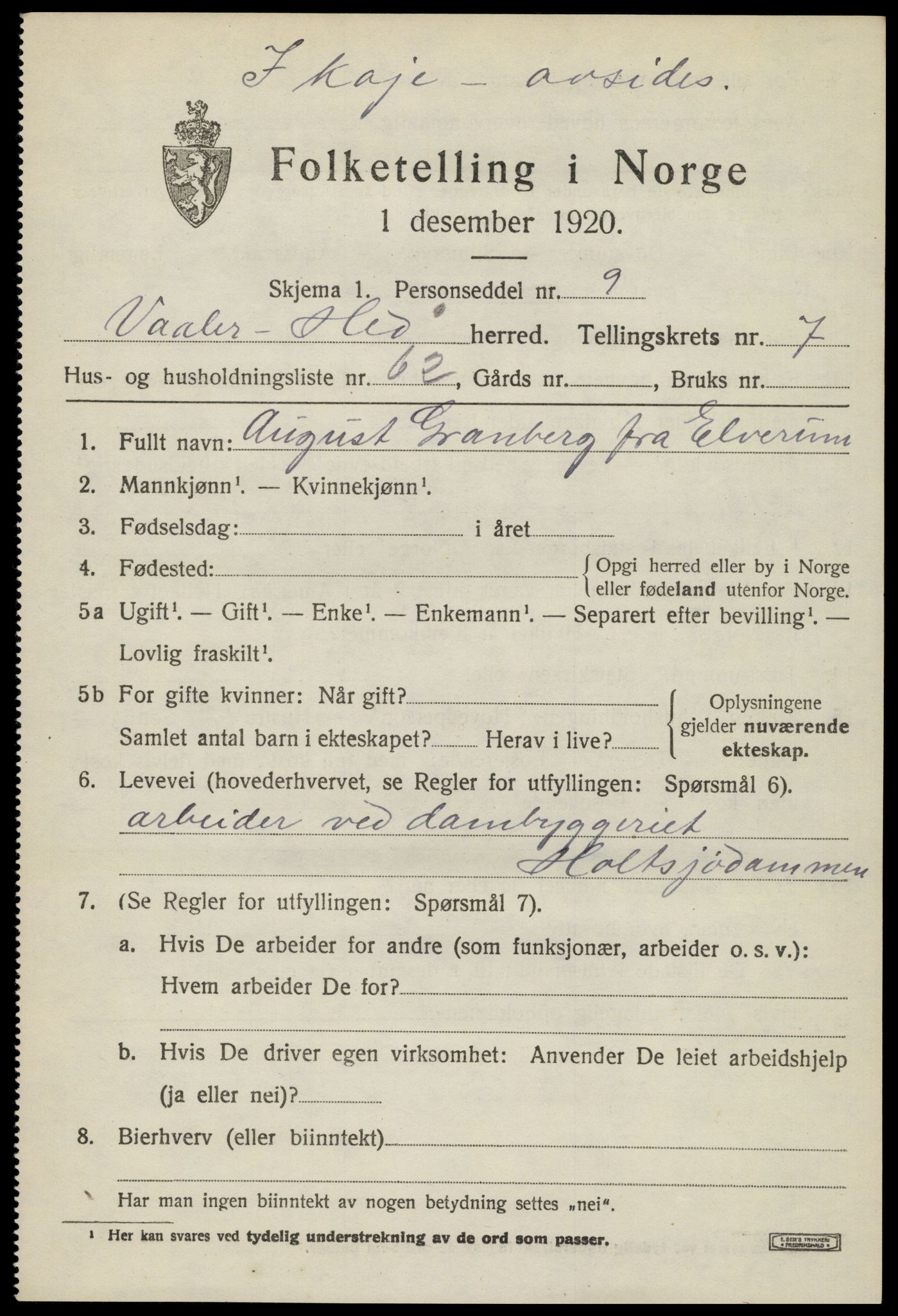 SAH, 1920 census for Våler (Hedmark), 1920, p. 8253