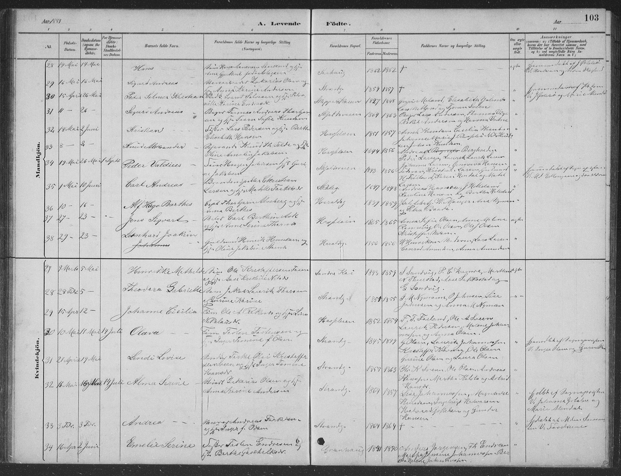 Haugesund sokneprestkontor, AV/SAST-A -101863/H/Ha/Hab/L0002: Parish register (copy) no. B 2, 1881-1894, p. 103