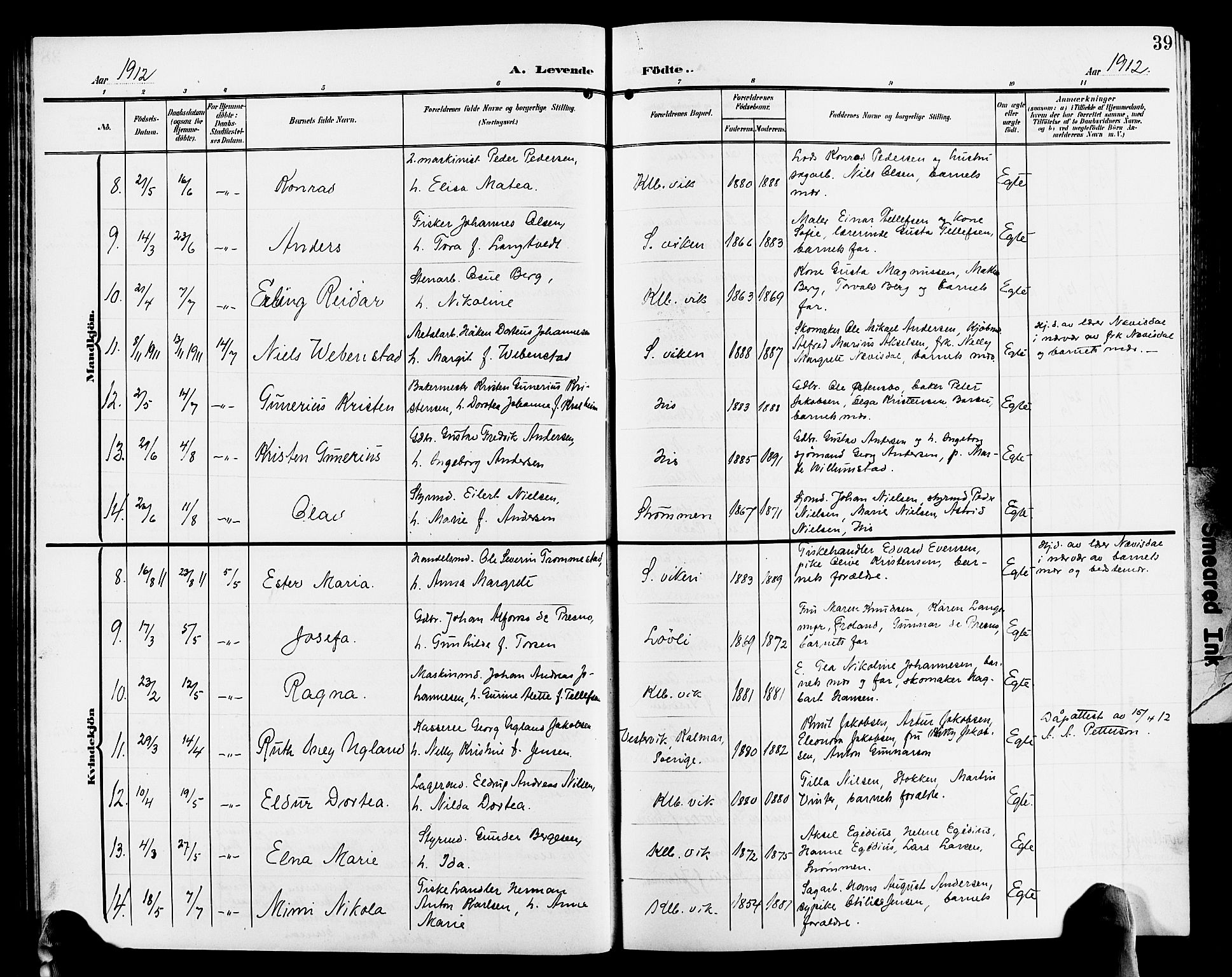 Hisøy sokneprestkontor, AV/SAK-1111-0020/F/Fb/L0004: Parish register (copy) no. B 4, 1905-1923, p. 39