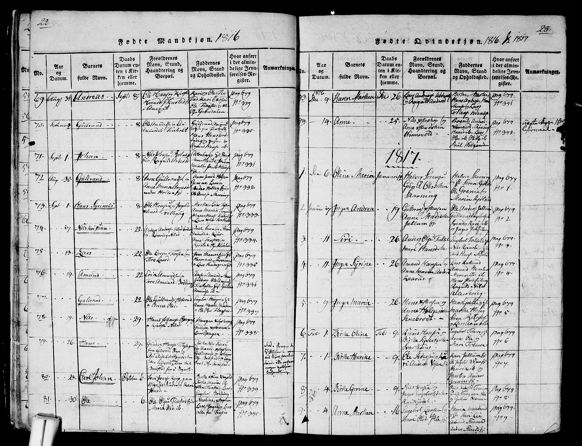 Nes prestekontor Kirkebøker, SAO/A-10410/G/Ga/L0001: Parish register (copy) no. I 1, 1815-1835, p. 22-23
