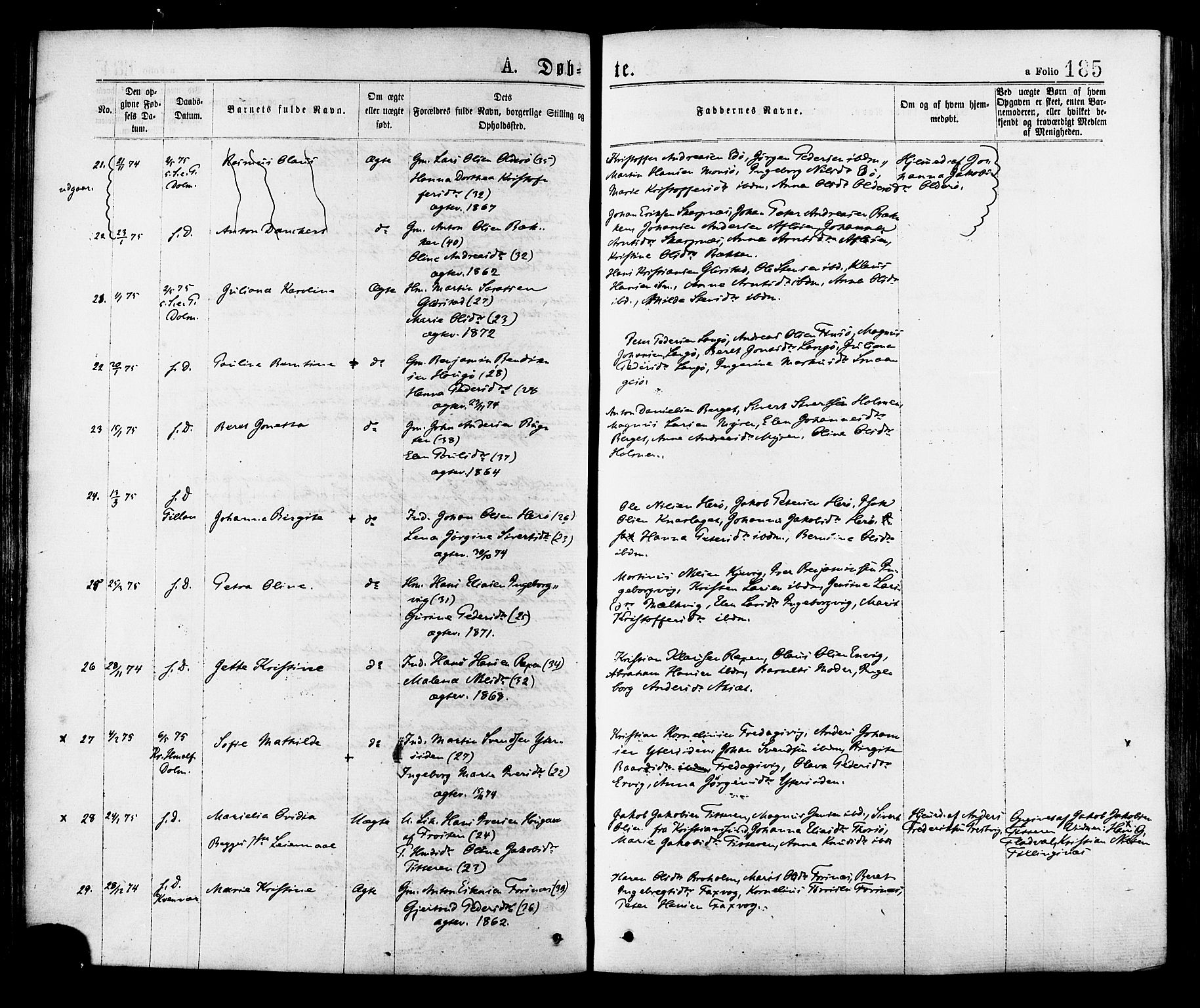 Ministerialprotokoller, klokkerbøker og fødselsregistre - Sør-Trøndelag, AV/SAT-A-1456/634/L0532: Parish register (official) no. 634A08, 1871-1881, p. 185