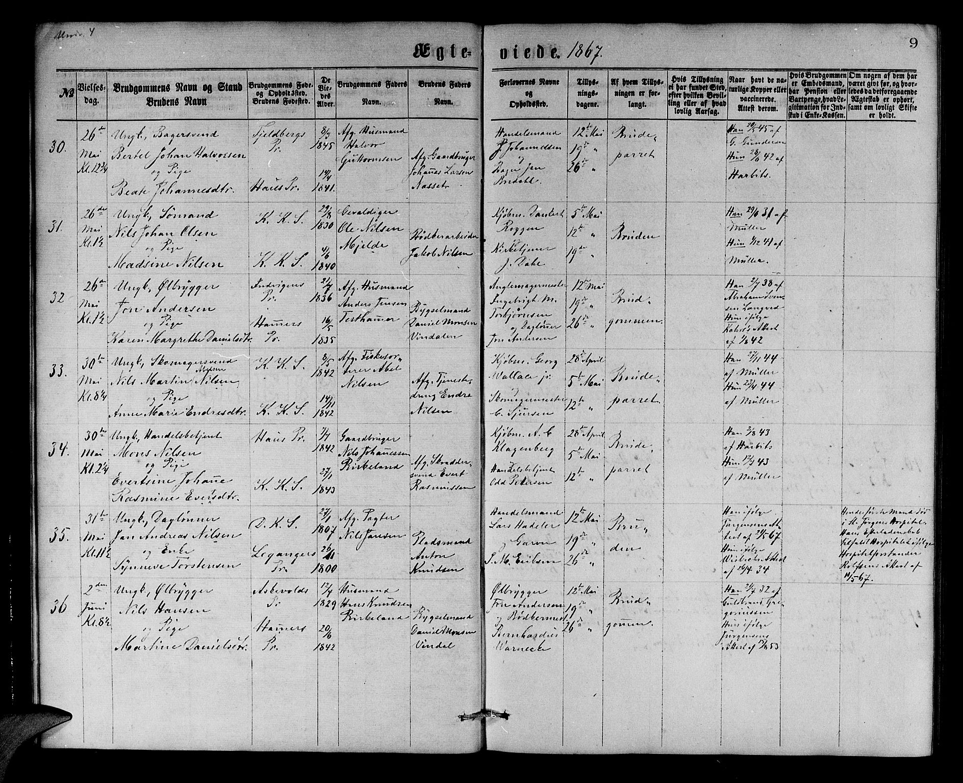 Korskirken sokneprestembete, AV/SAB-A-76101/H/Hab: Parish register (copy) no. D 2, 1867-1886, p. 9