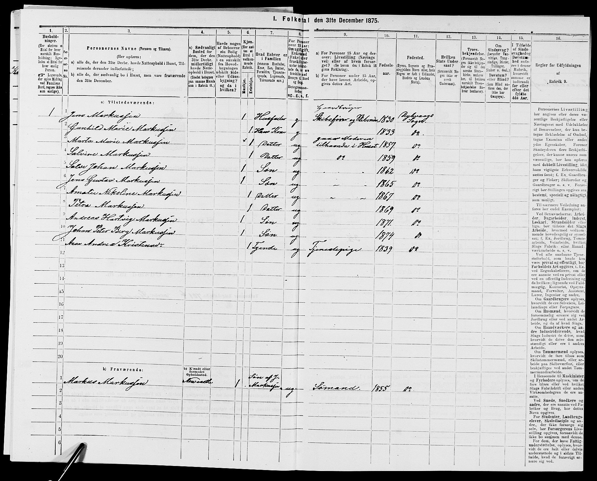 SAK, 1875 census for 0915P Dypvåg, 1875, p. 826