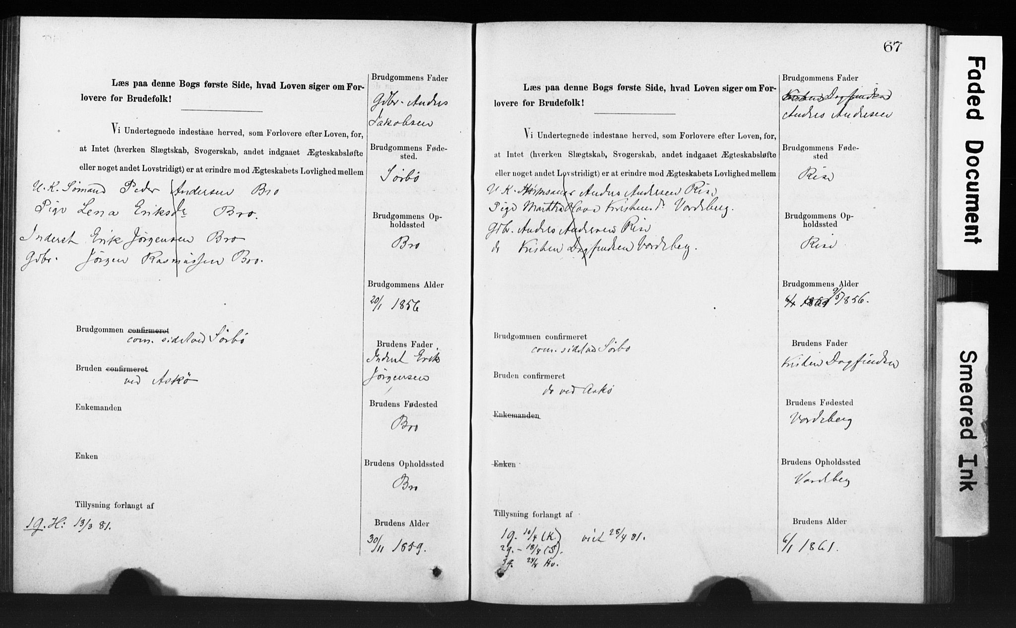Rennesøy sokneprestkontor, SAST/A -101827/I/Ie/L0001: Banns register no. 1, 1873-1898, p. 67