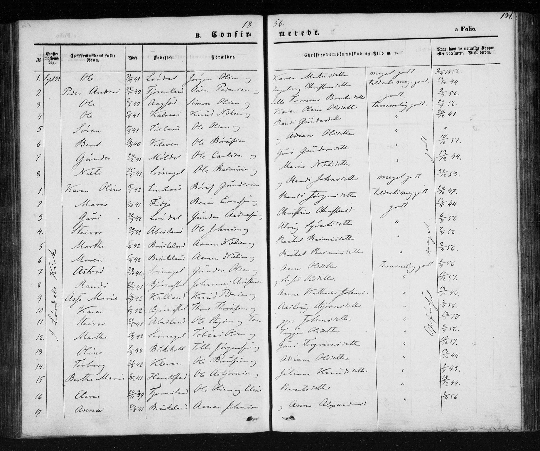 Holum sokneprestkontor, AV/SAK-1111-0022/F/Fa/Fab/L0005: Parish register (official) no. A 5, 1847-1874, p. 131