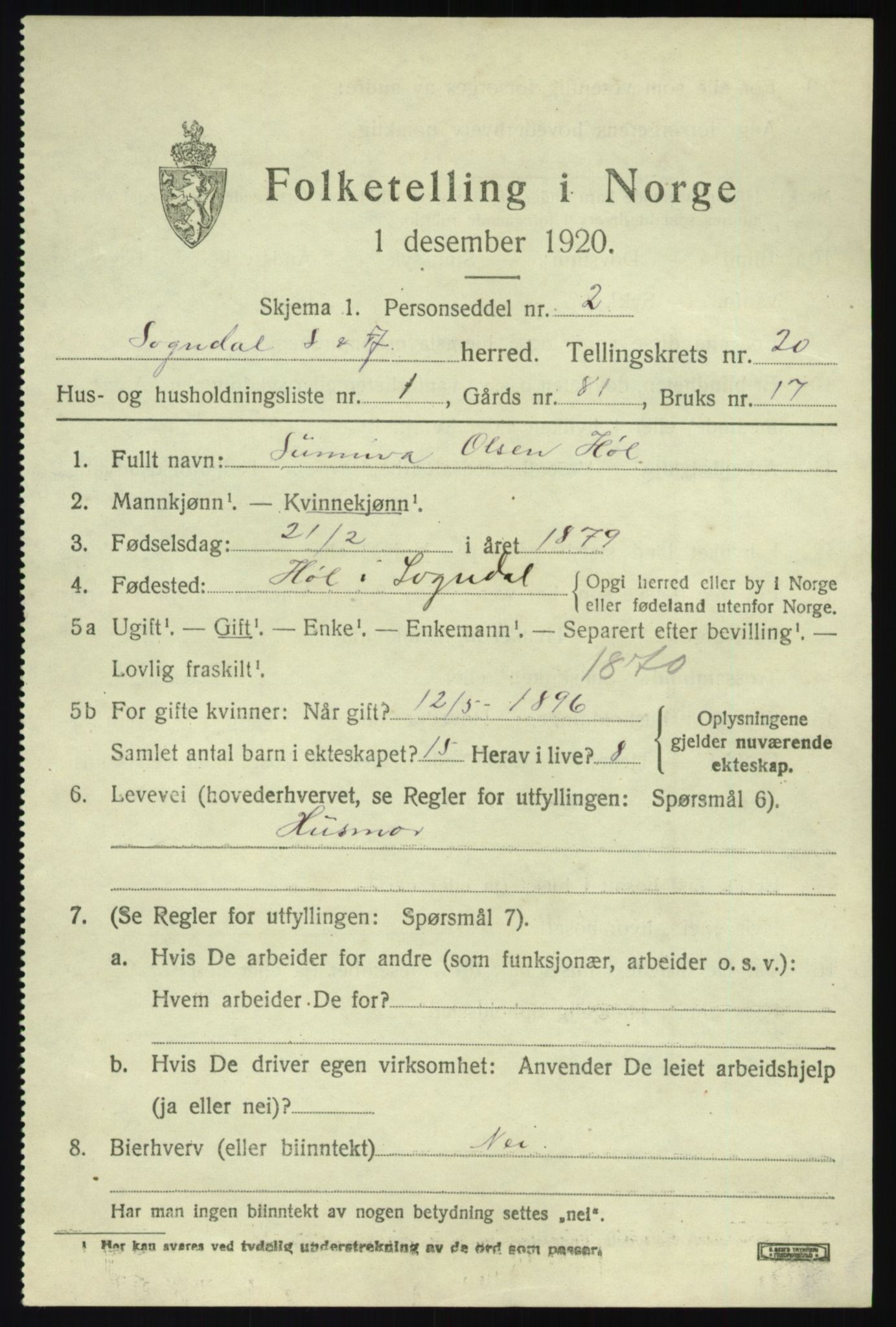 SAB, 1920 census for Sogndal, 1920, p. 7507