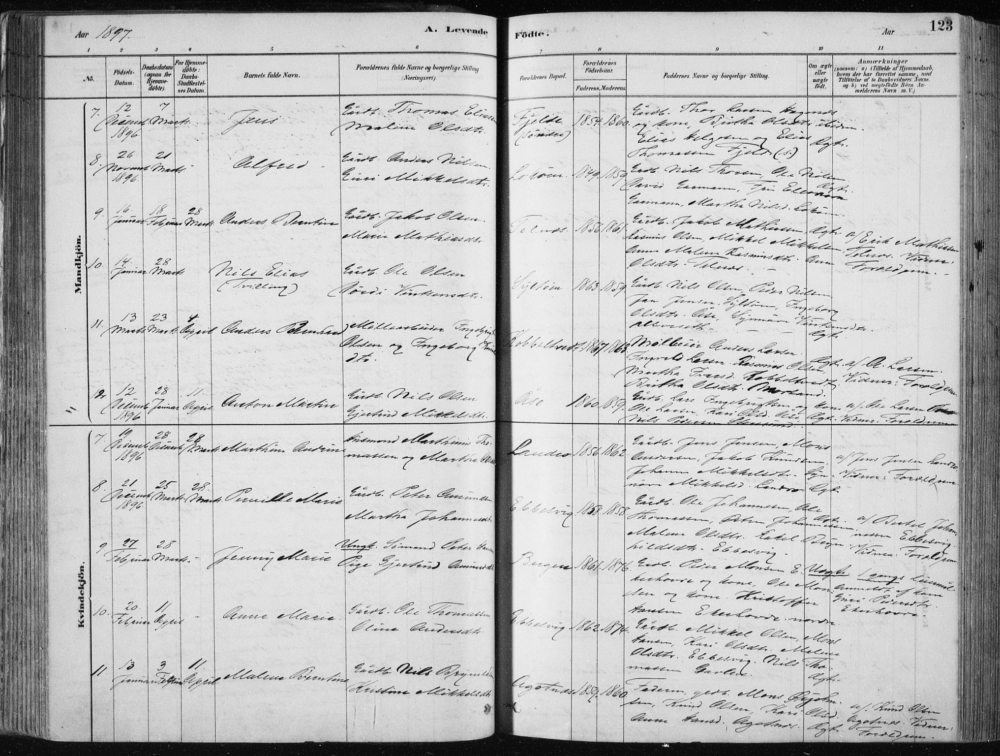 Fjell sokneprestembete, SAB/A-75301/H/Haa: Parish register (official) no. A  8, 1878-1898, p. 123