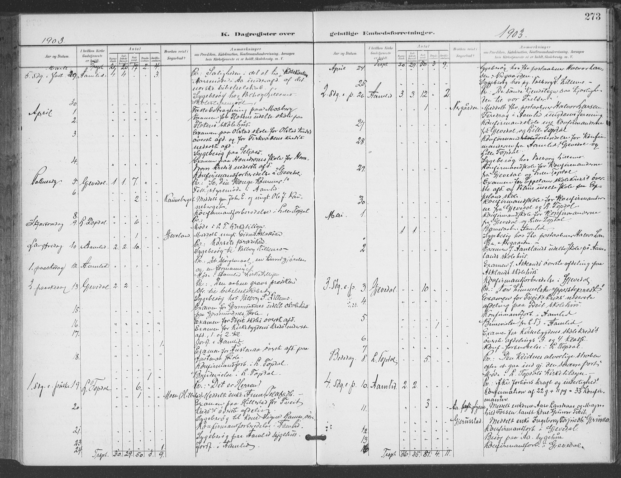 Åmli sokneprestkontor, AV/SAK-1111-0050/F/Fa/Fac/L0012: Parish register (official) no. A 12, 1900-1914, p. 273