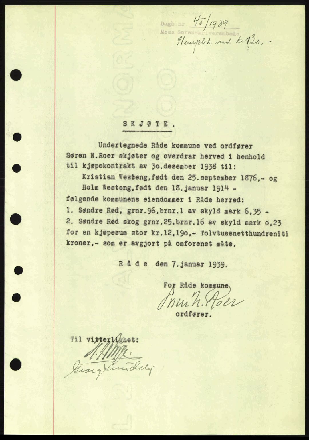 Moss sorenskriveri, SAO/A-10168: Mortgage book no. A5, 1938-1939, Diary no: : 45/1939