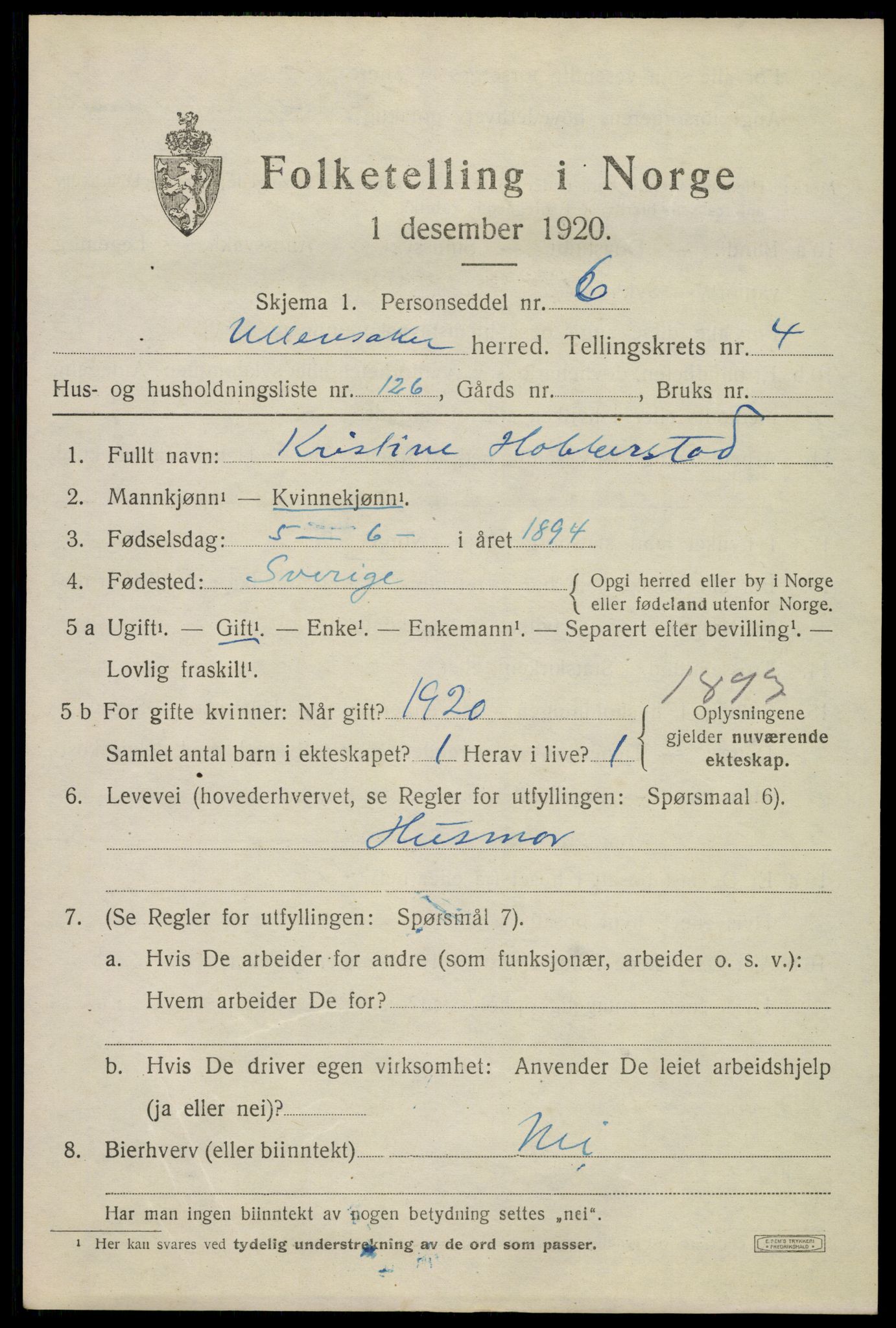 SAO, 1920 census for Ullensaker, 1920, p. 8803