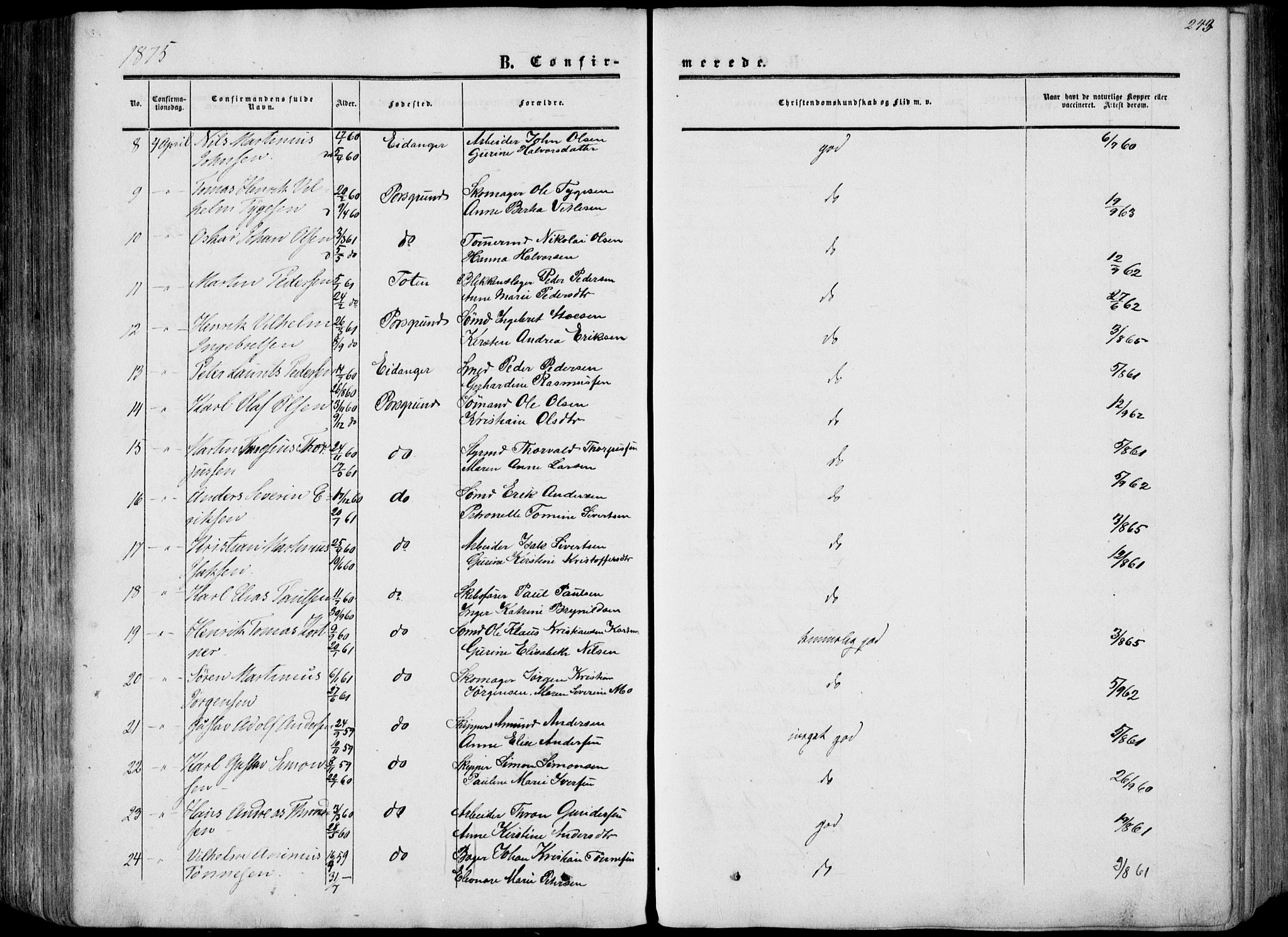 Porsgrunn kirkebøker , AV/SAKO-A-104/F/Fa/L0007: Parish register (official) no. 7, 1858-1877, p. 243