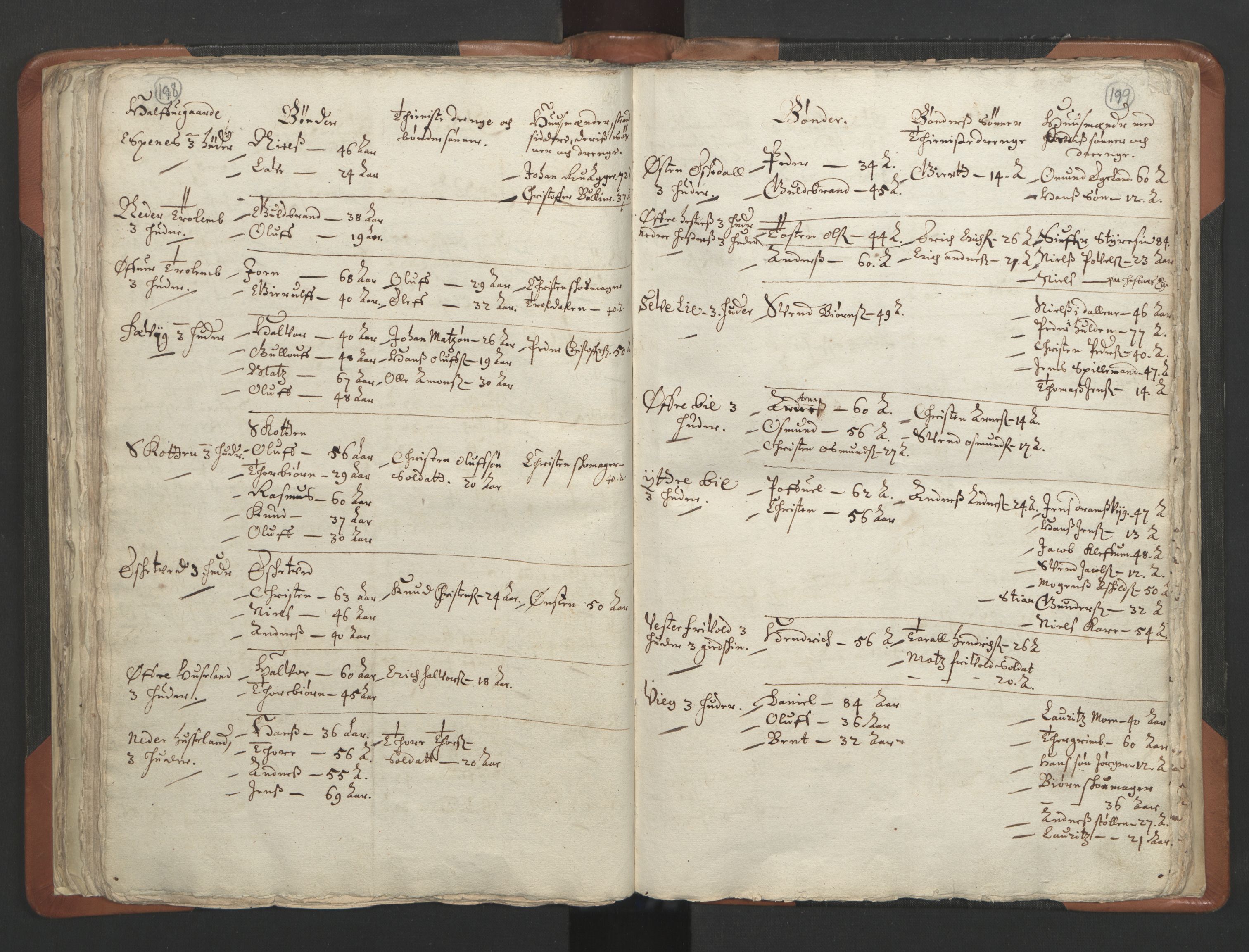 RA, Vicar's Census 1664-1666, no. 13: Nedenes deanery, 1664-1666, p. 198-199