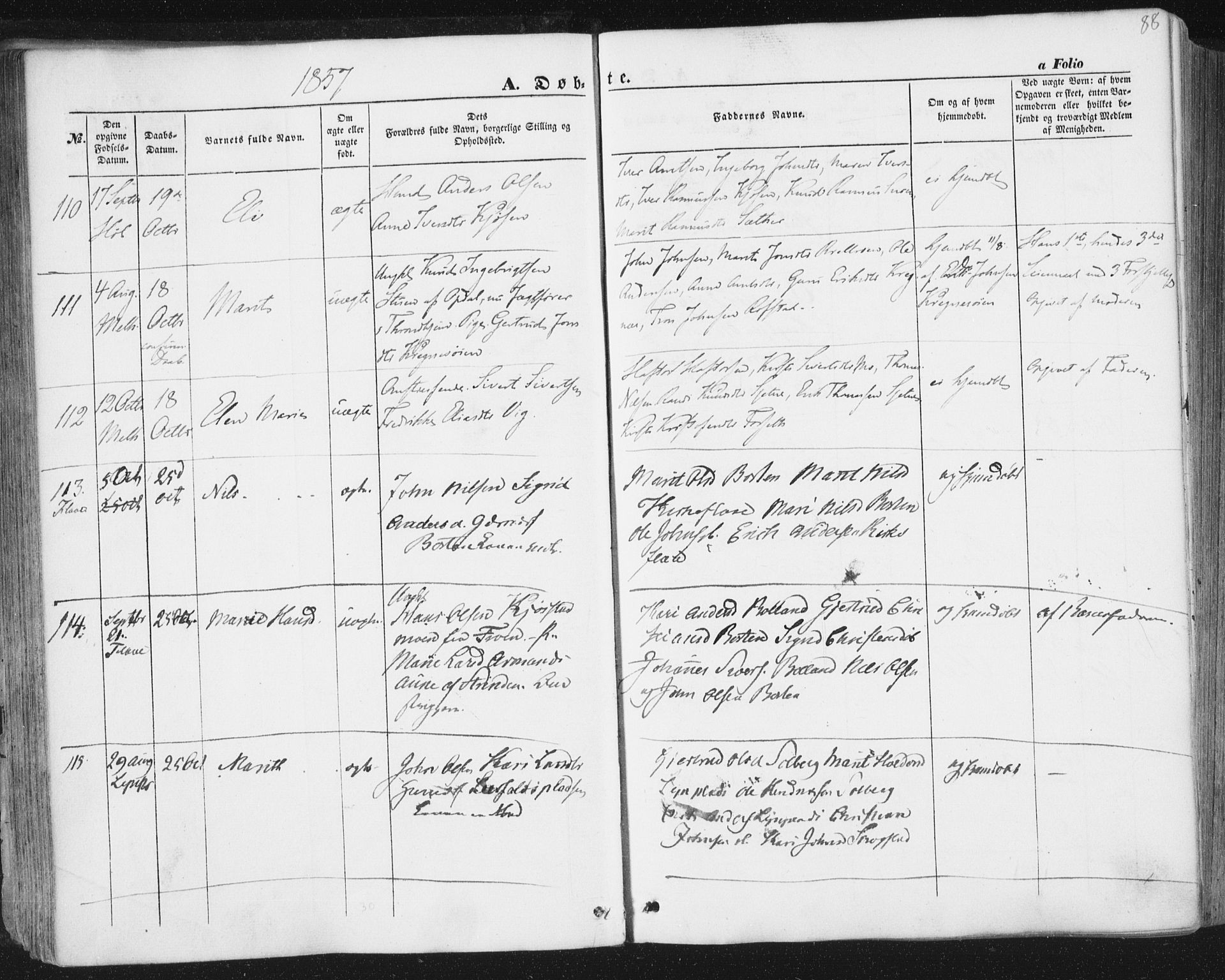 Ministerialprotokoller, klokkerbøker og fødselsregistre - Sør-Trøndelag, AV/SAT-A-1456/691/L1076: Parish register (official) no. 691A08, 1852-1861, p. 88