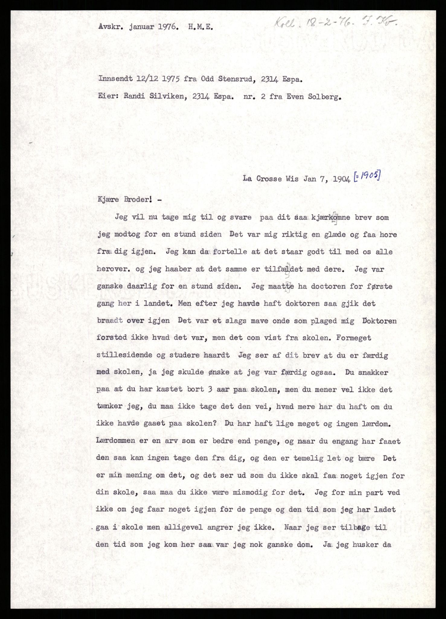 Samlinger til kildeutgivelse, Amerikabrevene, AV/RA-EA-4057/F/L0009: Innlån fra Hedmark: Statsarkivet i Hamar - Wærenskjold, 1838-1914, p. 179