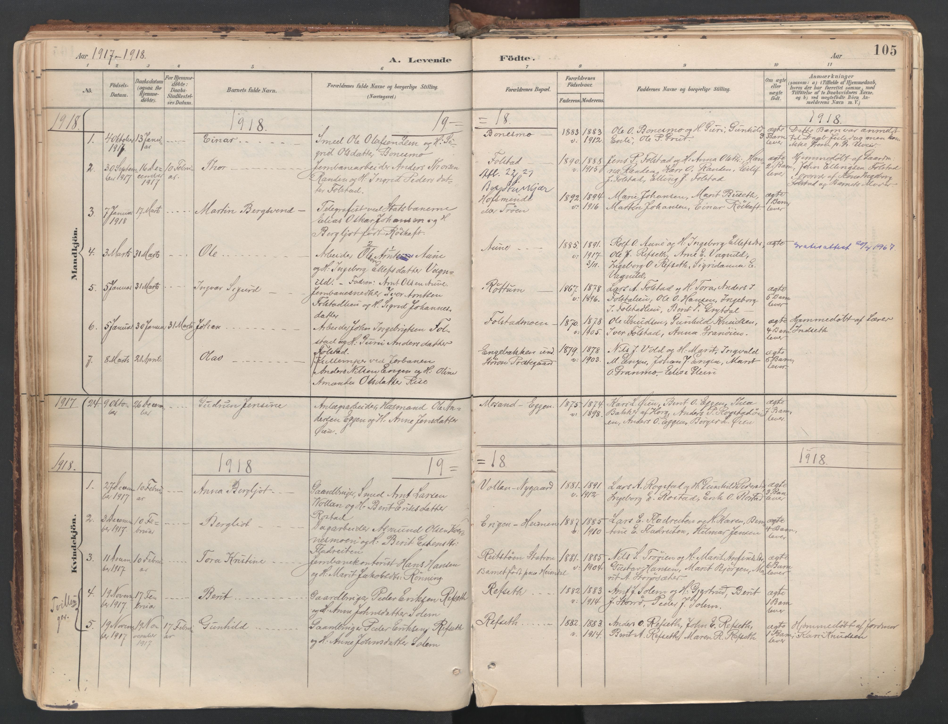 Ministerialprotokoller, klokkerbøker og fødselsregistre - Sør-Trøndelag, SAT/A-1456/687/L1004: Parish register (official) no. 687A10, 1891-1923, p. 105