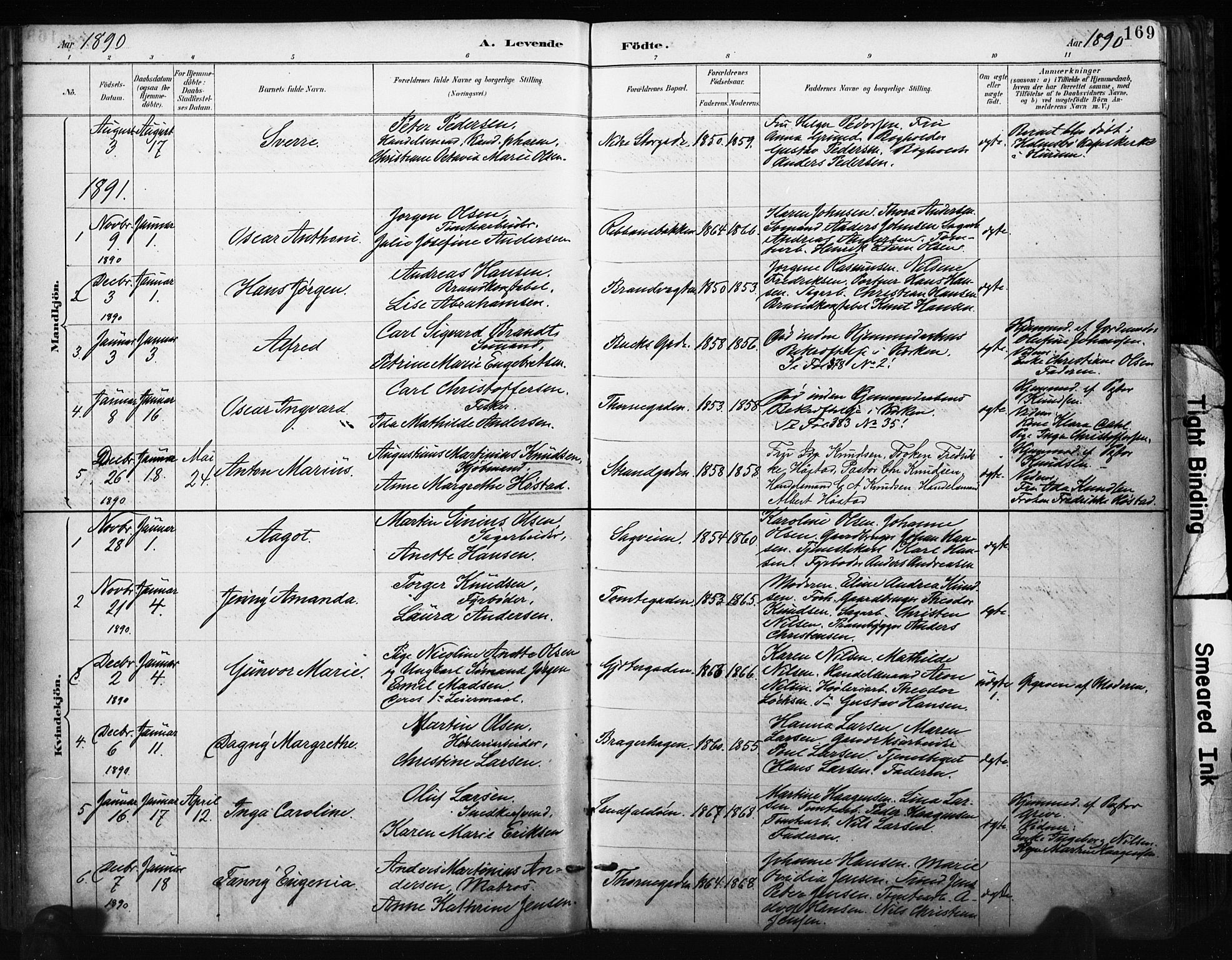 Bragernes kirkebøker, AV/SAKO-A-6/F/Fb/L0007: Parish register (official) no. II 7, 1885-1893, p. 169