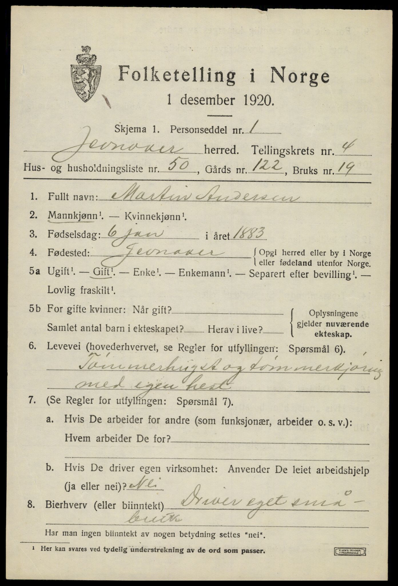 SAH, 1920 census for Jevnaker, 1920, p. 7075