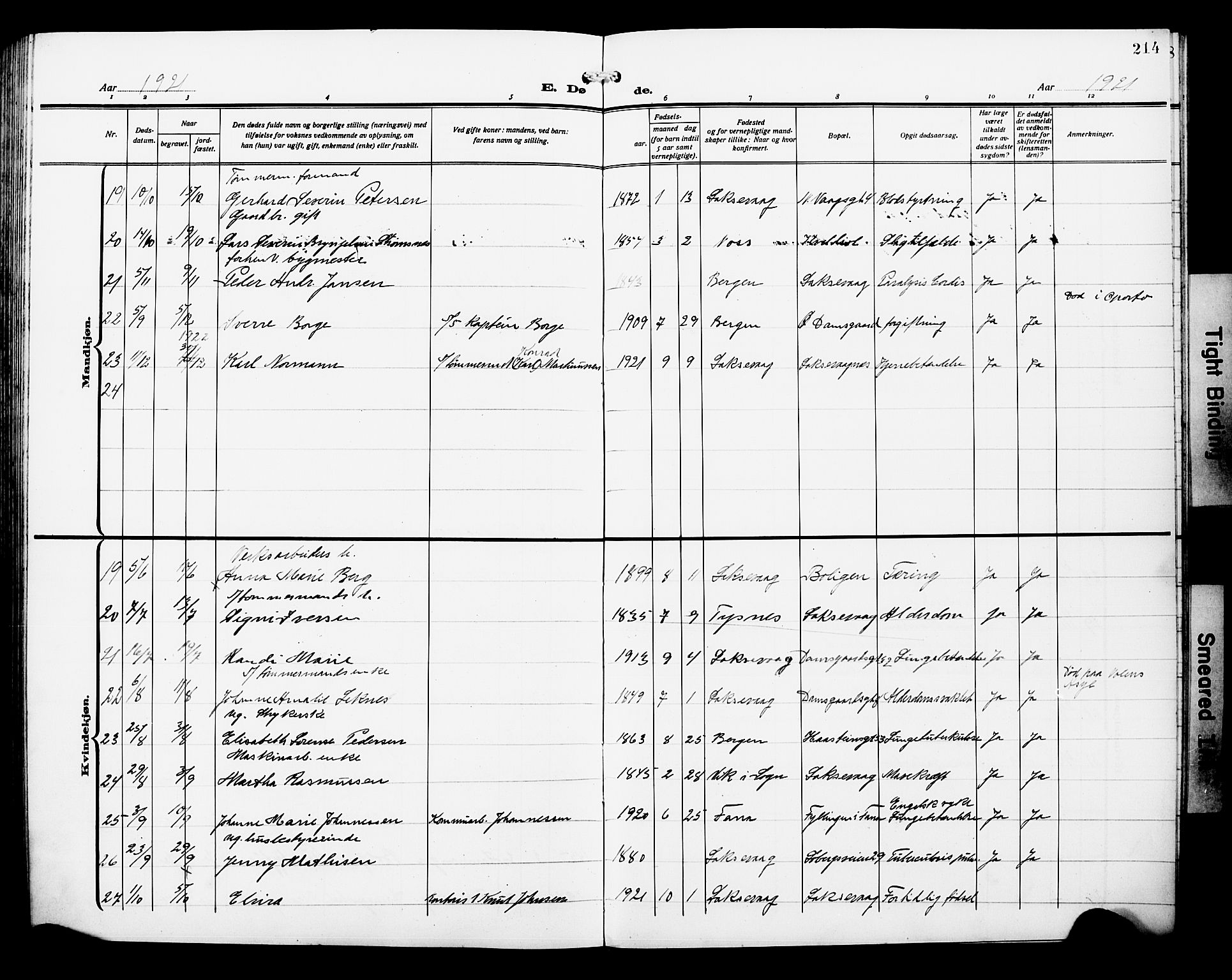 Laksevåg Sokneprestembete, SAB/A-76501/H/Ha/Hab/Haba/L0006: Parish register (copy) no. A 6, 1917-1925, p. 214