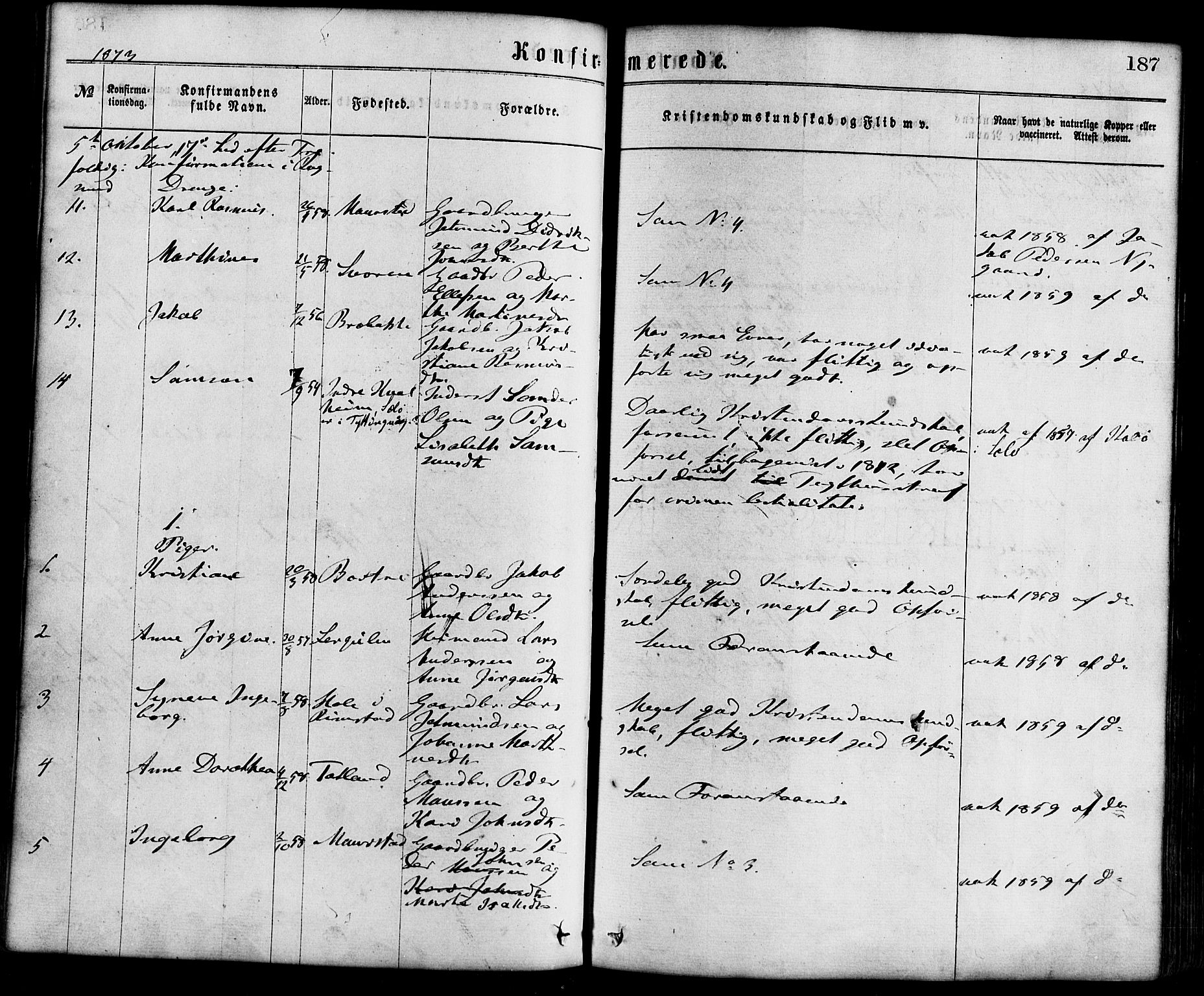 Davik sokneprestembete, AV/SAB-A-79701/H/Haa/Haaa/L0006: Parish register (official) no. A 6, 1867-1881, p. 187