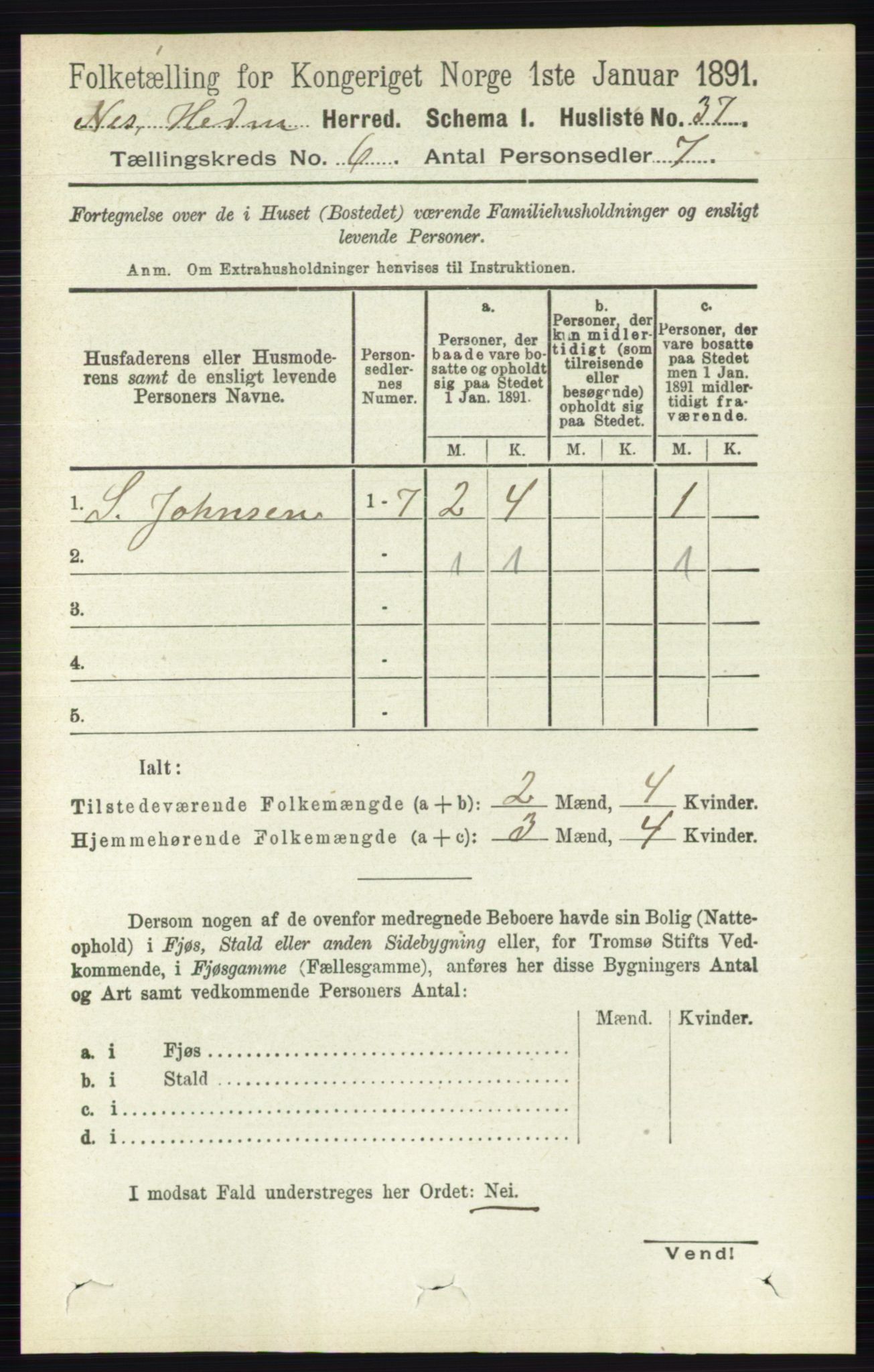 RA, 1891 census for 0411 Nes, 1891, p. 3205