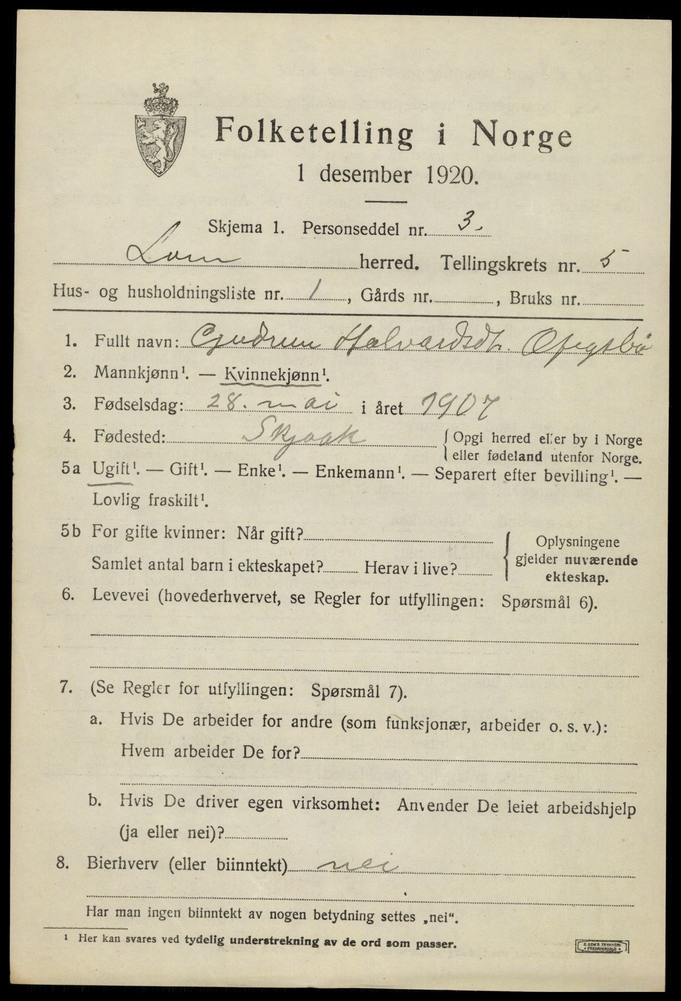 SAH, 1920 census for Lom, 1920, p. 3152