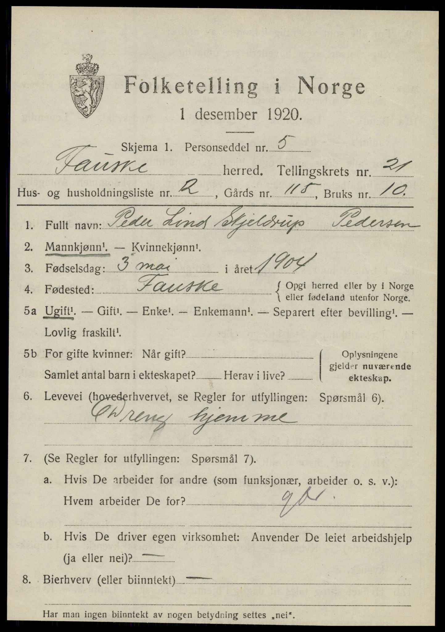 SAT, 1920 census for Fauske, 1920, p. 12918