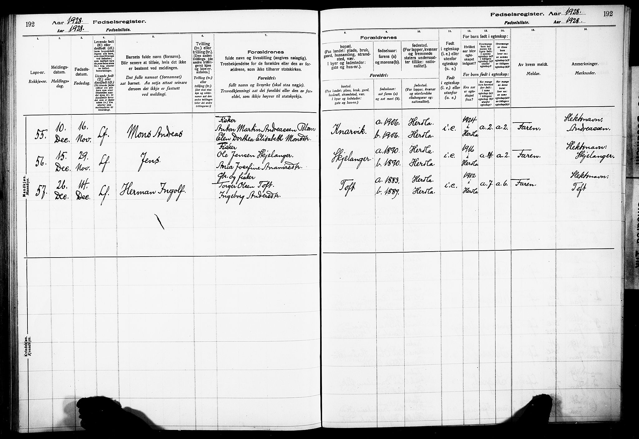 Herdla Sokneprestembete, AV/SAB-A-75701/I/Id/L00A1: Birth register no. A 1, 1916-1929, p. 192