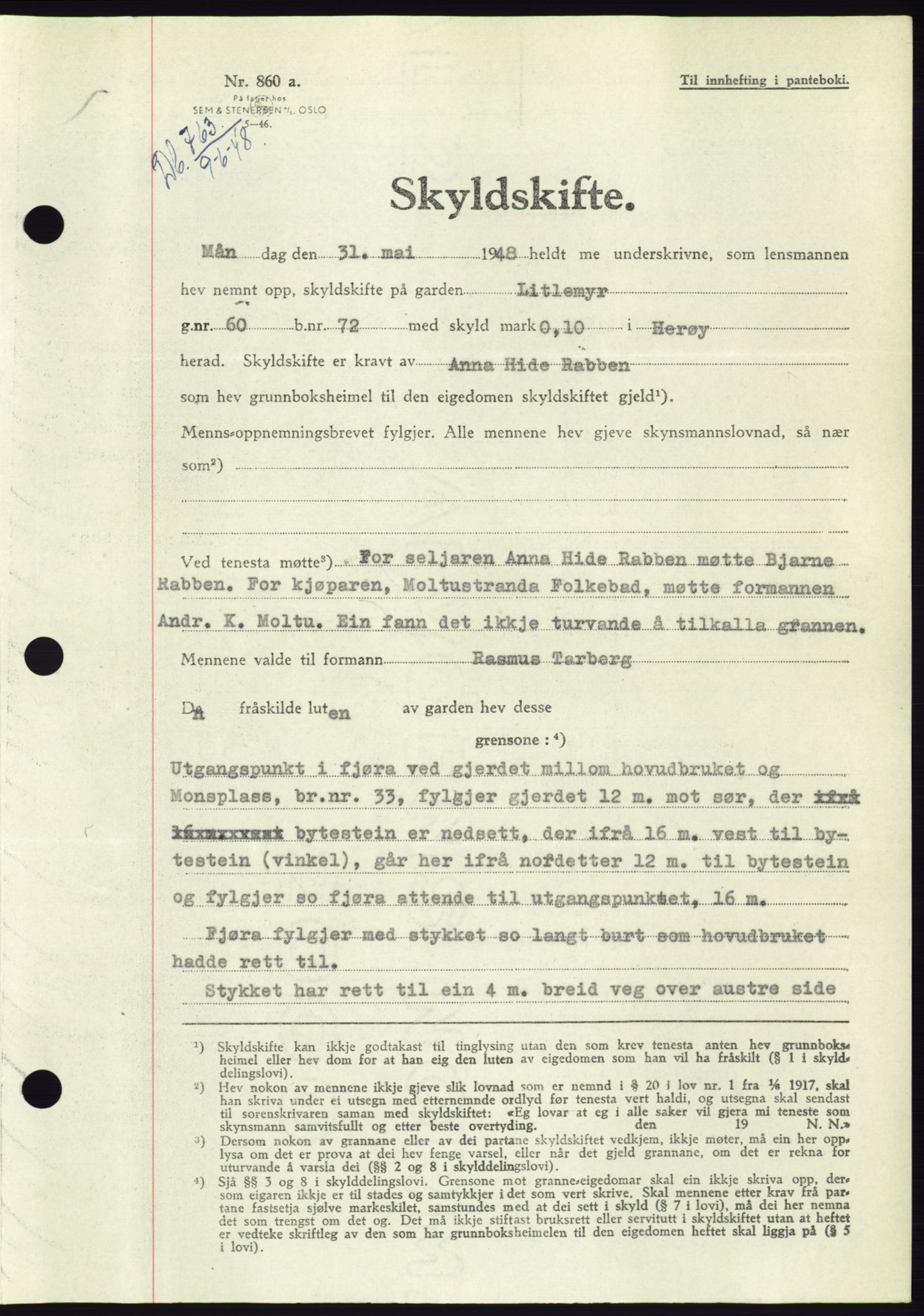 Søre Sunnmøre sorenskriveri, AV/SAT-A-4122/1/2/2C/L0082: Mortgage book no. 8A, 1948-1948, Diary no: : 763/1948