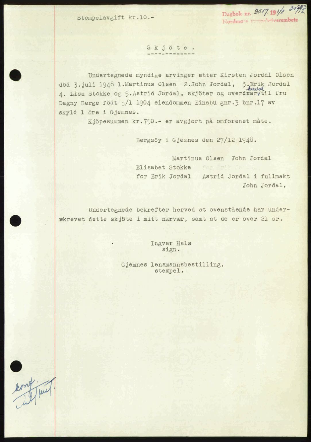 Nordmøre sorenskriveri, AV/SAT-A-4132/1/2/2Ca: Mortgage book no. A110, 1948-1949, Diary no: : 3587/1948