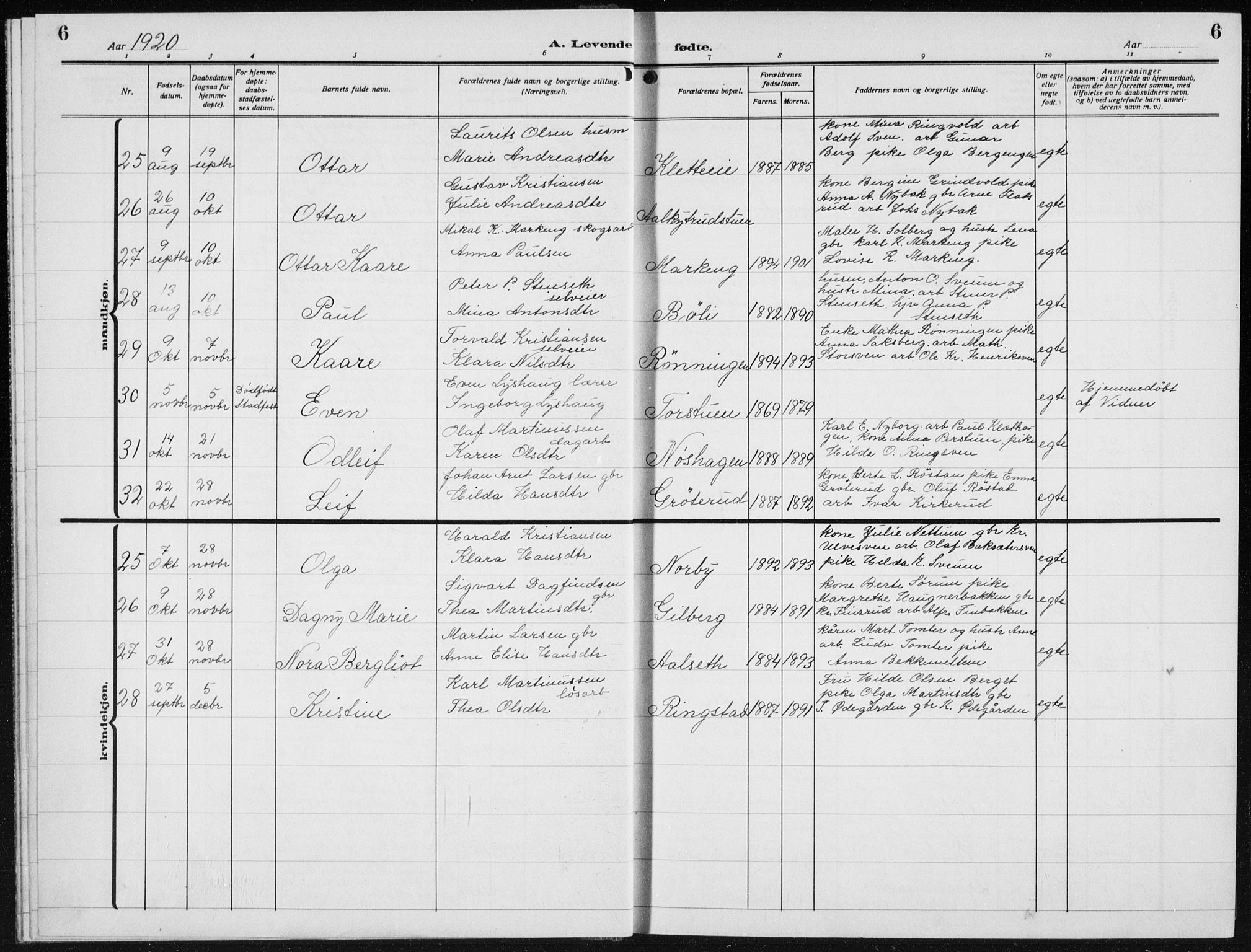 Biri prestekontor, SAH/PREST-096/H/Ha/Hab/L0007: Parish register (copy) no. 7, 1919-1941, p. 6