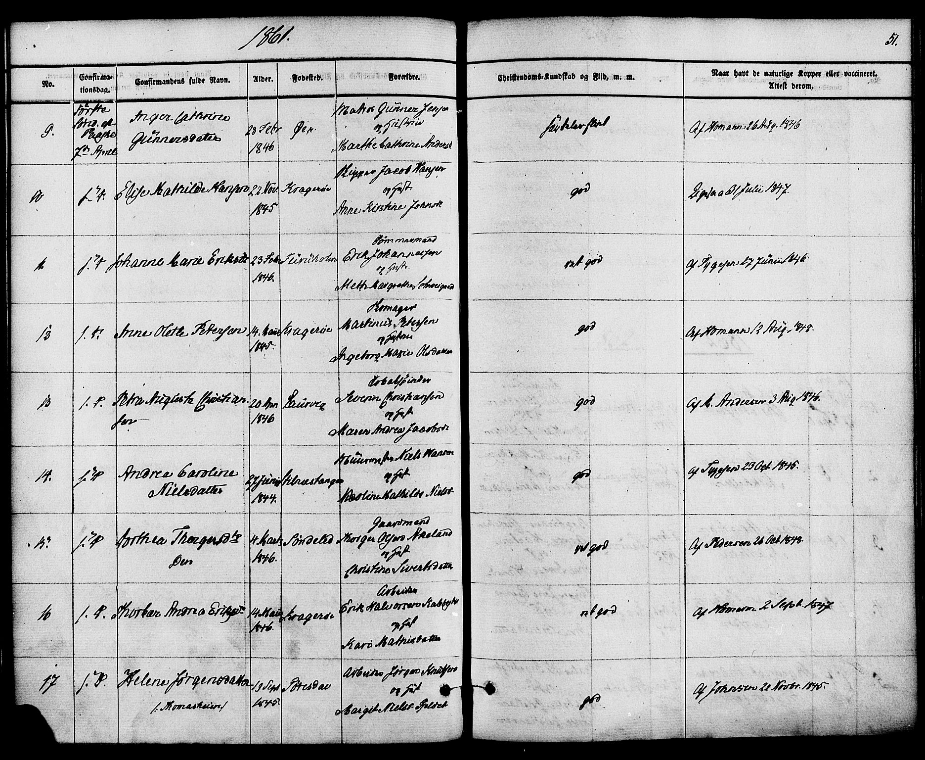 Kragerø kirkebøker, SAKO/A-278/F/Fa/L0008: Parish register (official) no. 8, 1856-1880, p. 51
