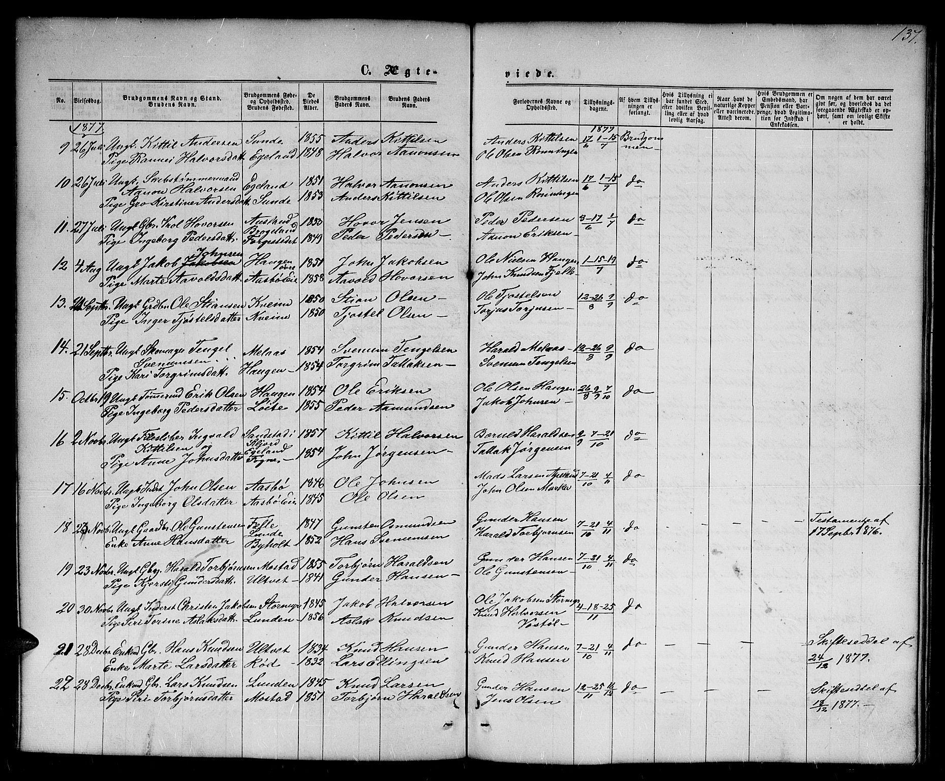 Gjerstad sokneprestkontor, AV/SAK-1111-0014/F/Fb/Fba/L0006: Parish register (copy) no. B 6, 1868-1890, p. 137